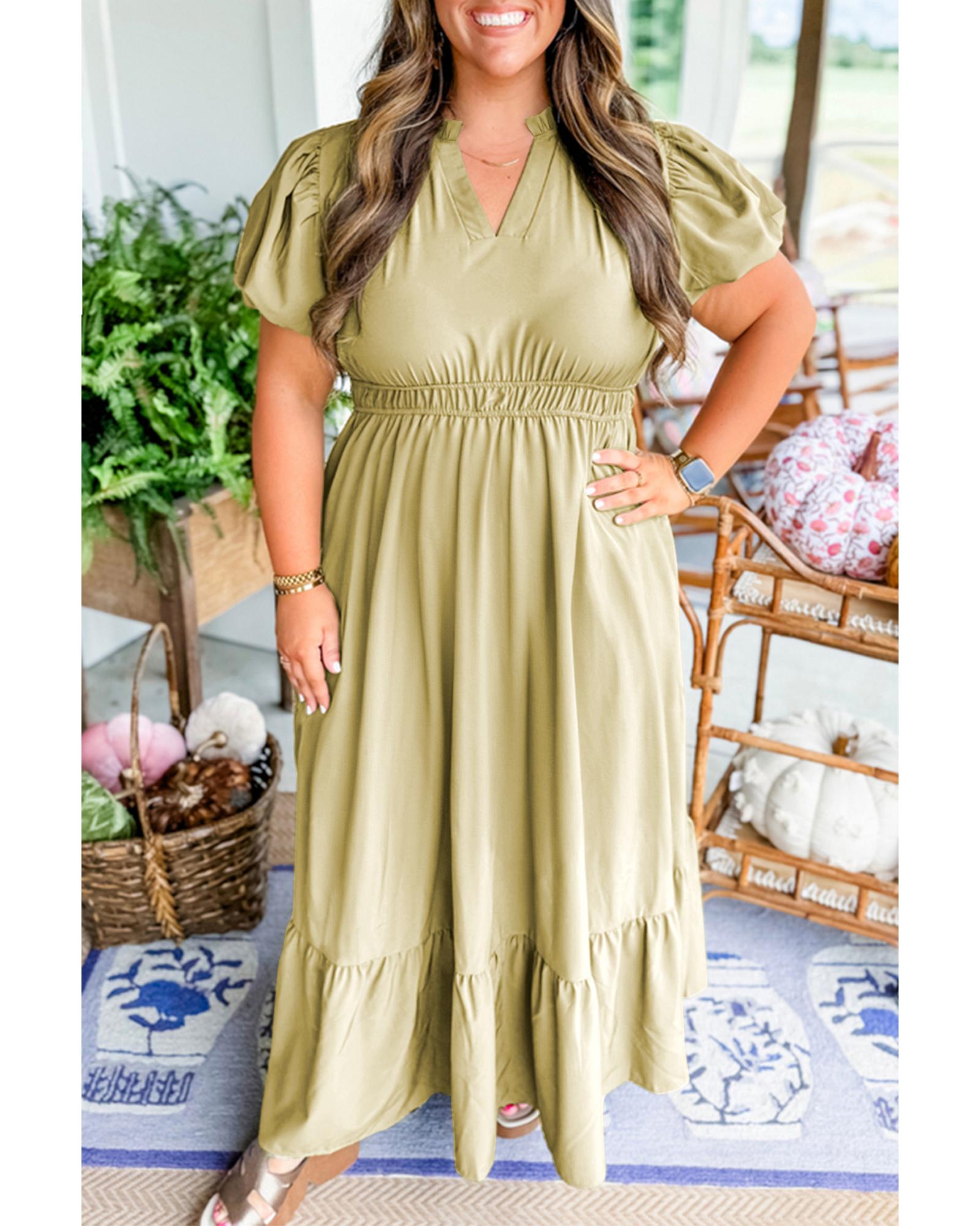 Laurel Green Notched V Neck Puff Sleeve Tiered Plus Size Maxi Dress - 1X