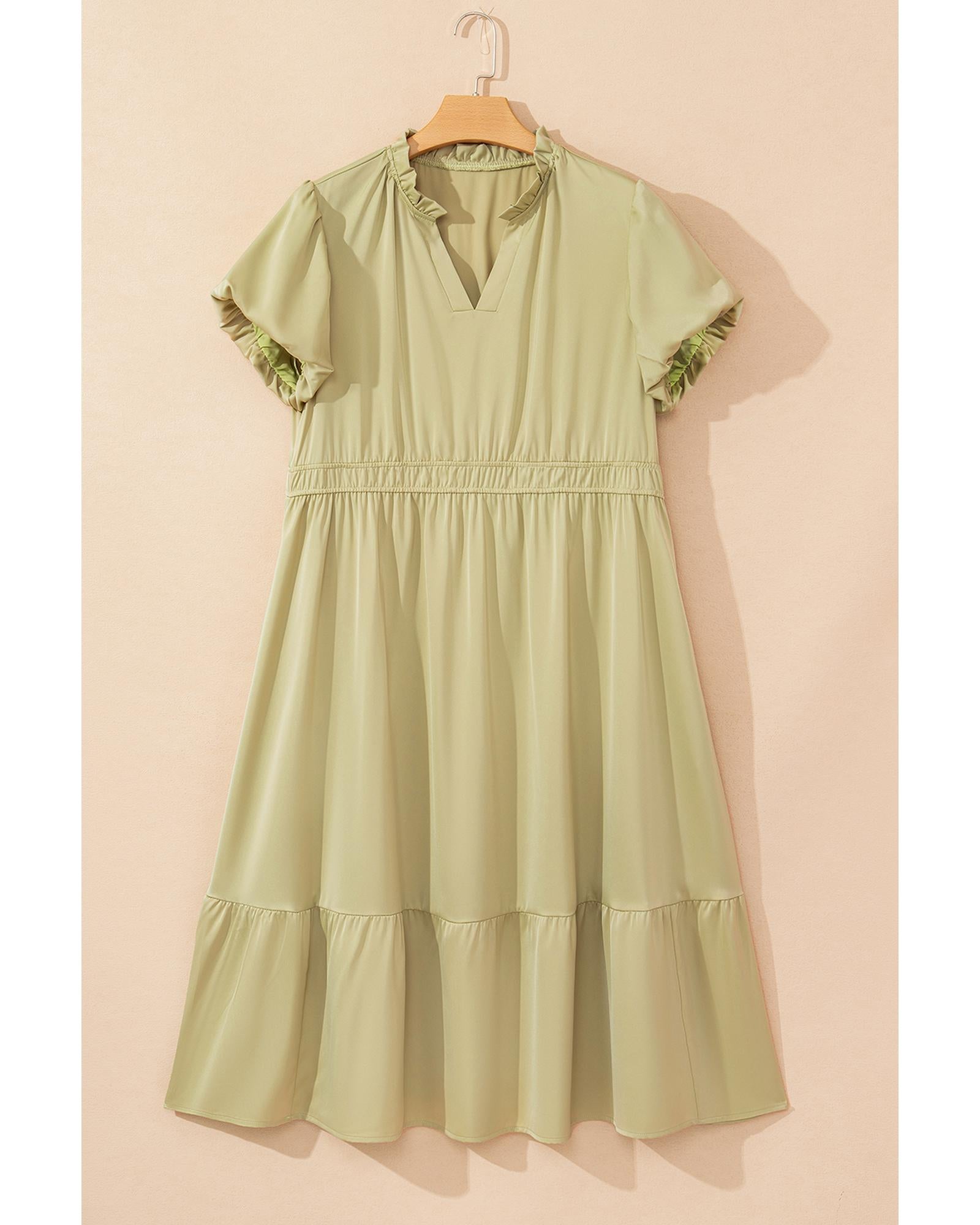 Laurel Green Notched V Neck Puff Sleeve Tiered Plus Size Maxi Dress - 2X