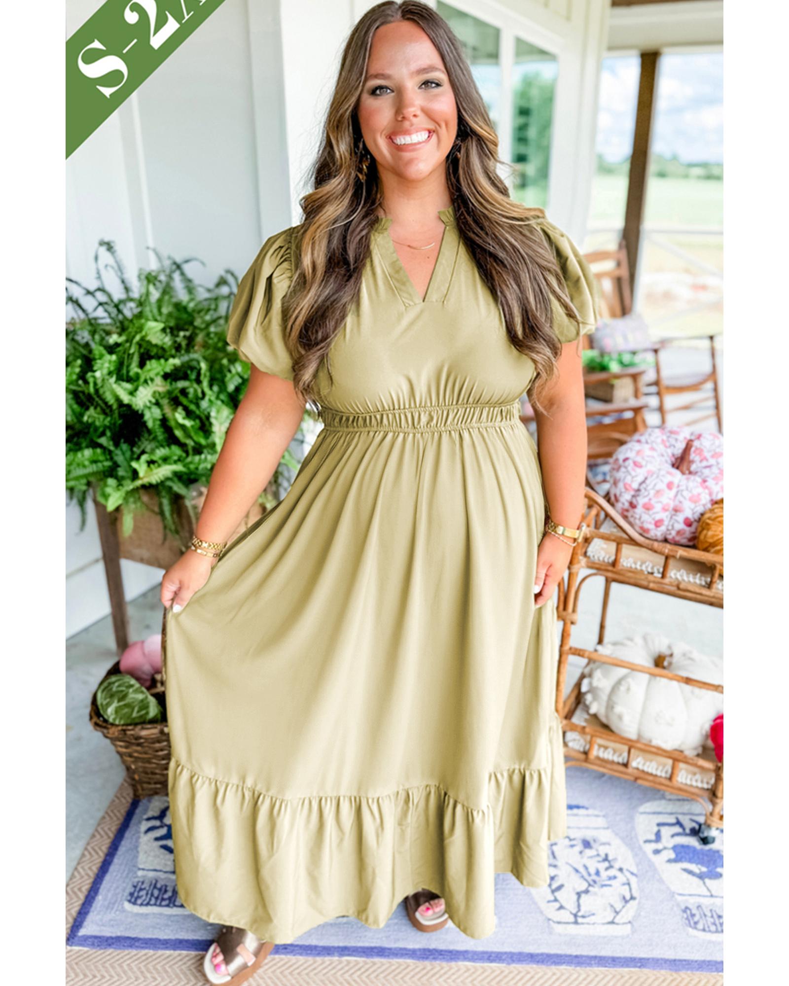Laurel Green Notched V Neck Puff Sleeve Tiered Plus Size Maxi Dress - 3X