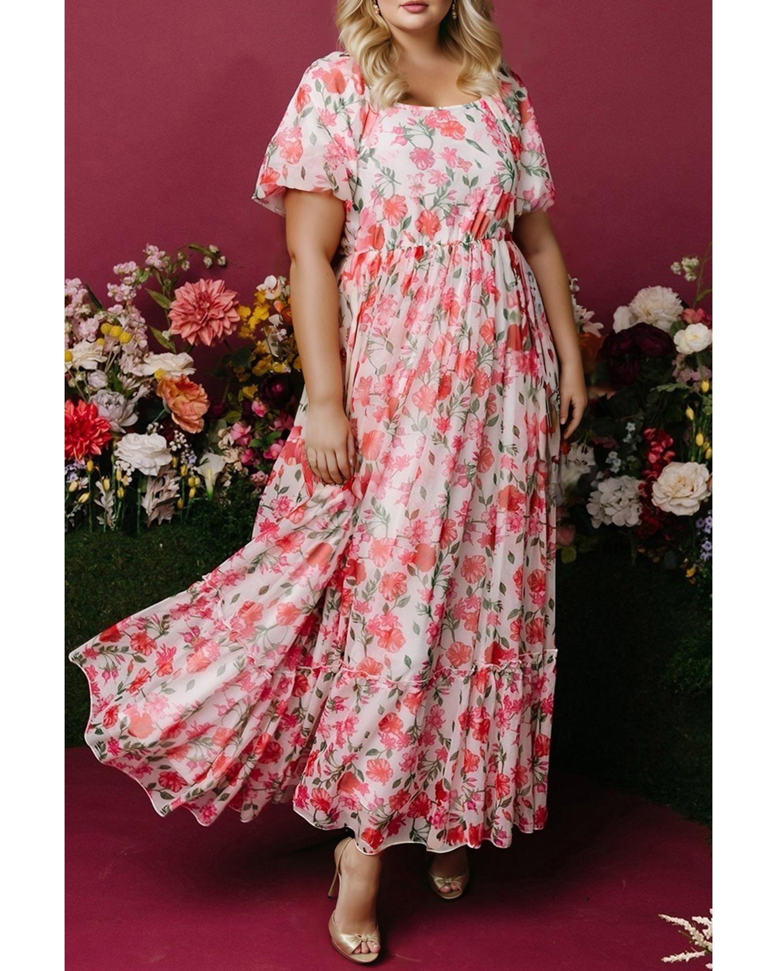 Pink Plus Size Floral Square Neck Puff Sleeve Ruffle Maxi Dress - 3X