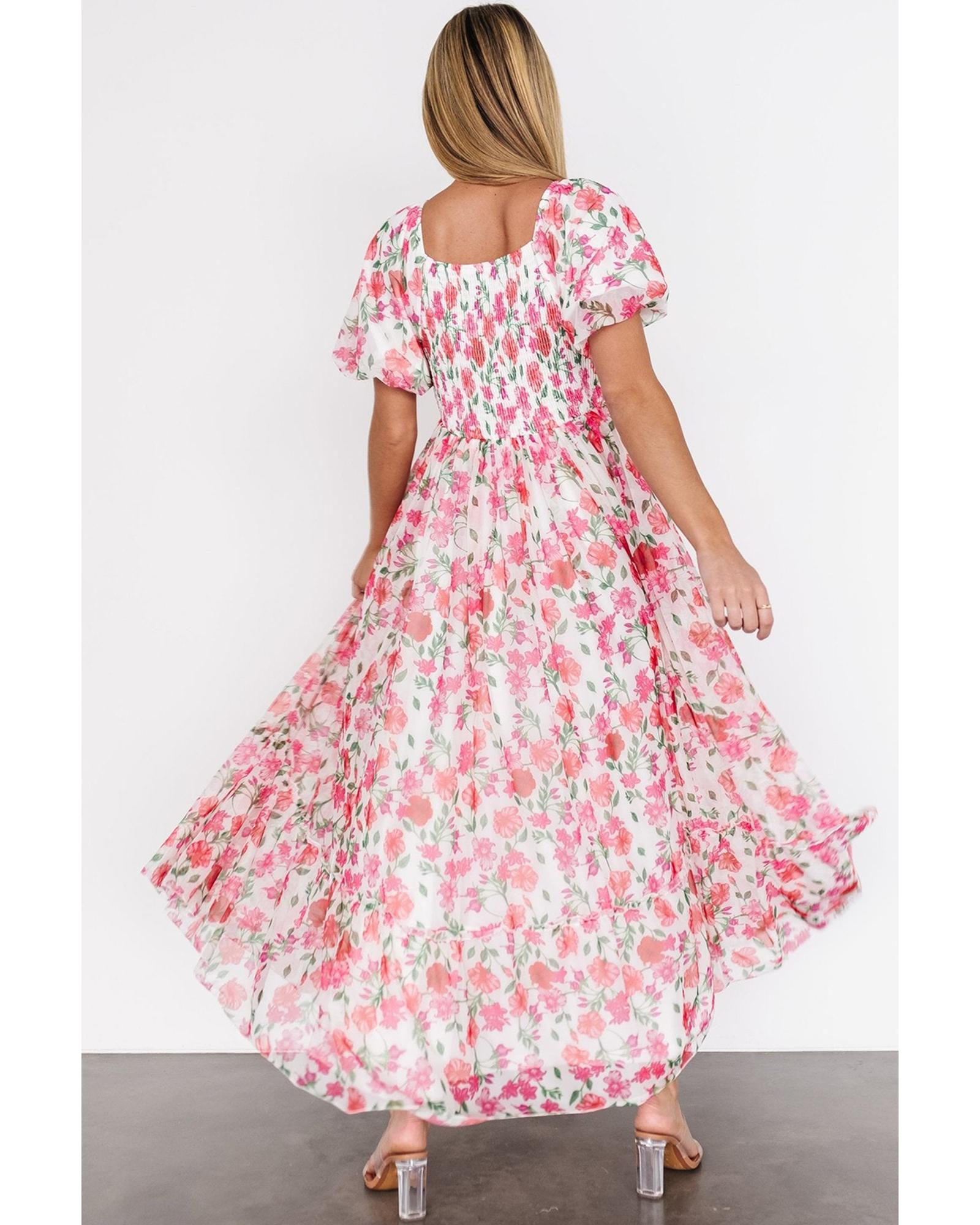 Pink Plus Size Floral Square Neck Puff Sleeve Ruffle Maxi Dress - 4X