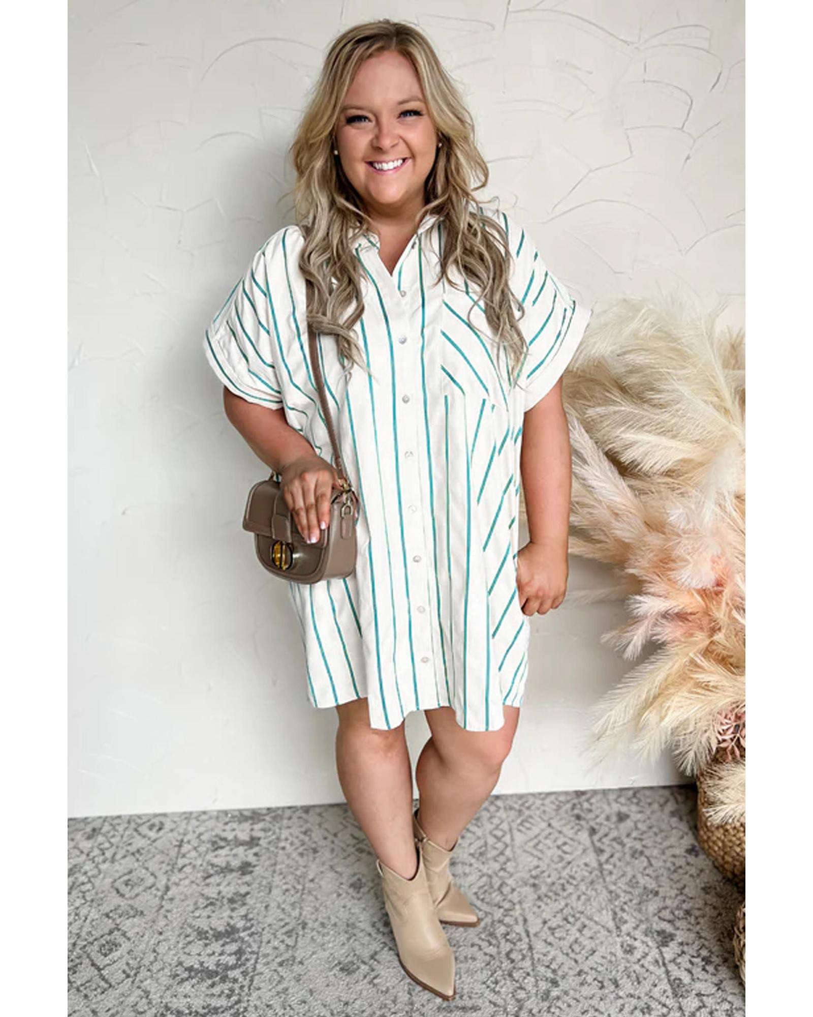 Green Stripe Plus Size St Patricks Day Short Sleeve Buttoned Shirt Dress - 3X