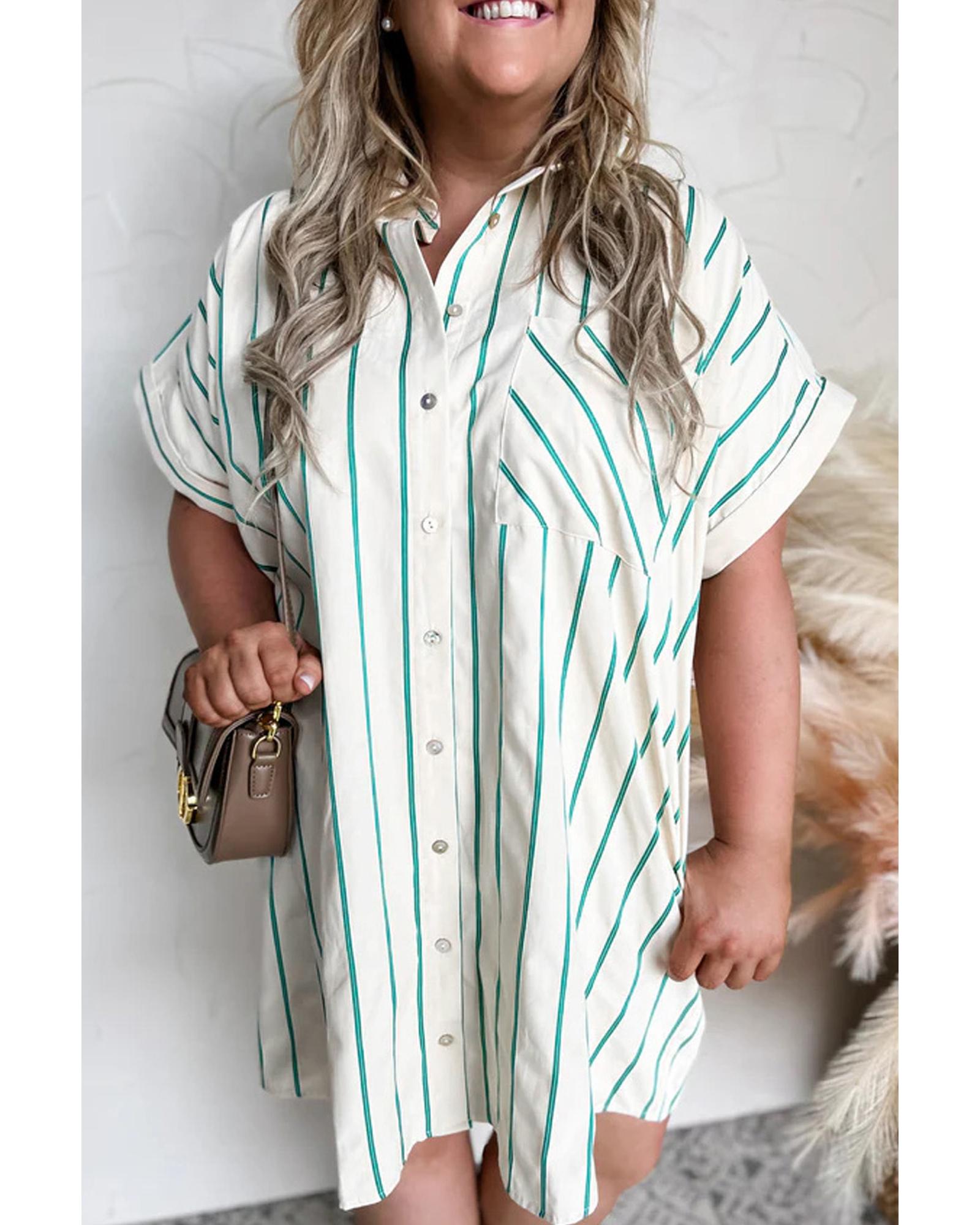 Green Stripe Plus Size St Patricks Day Short Sleeve Buttoned Shirt Dress - 3X