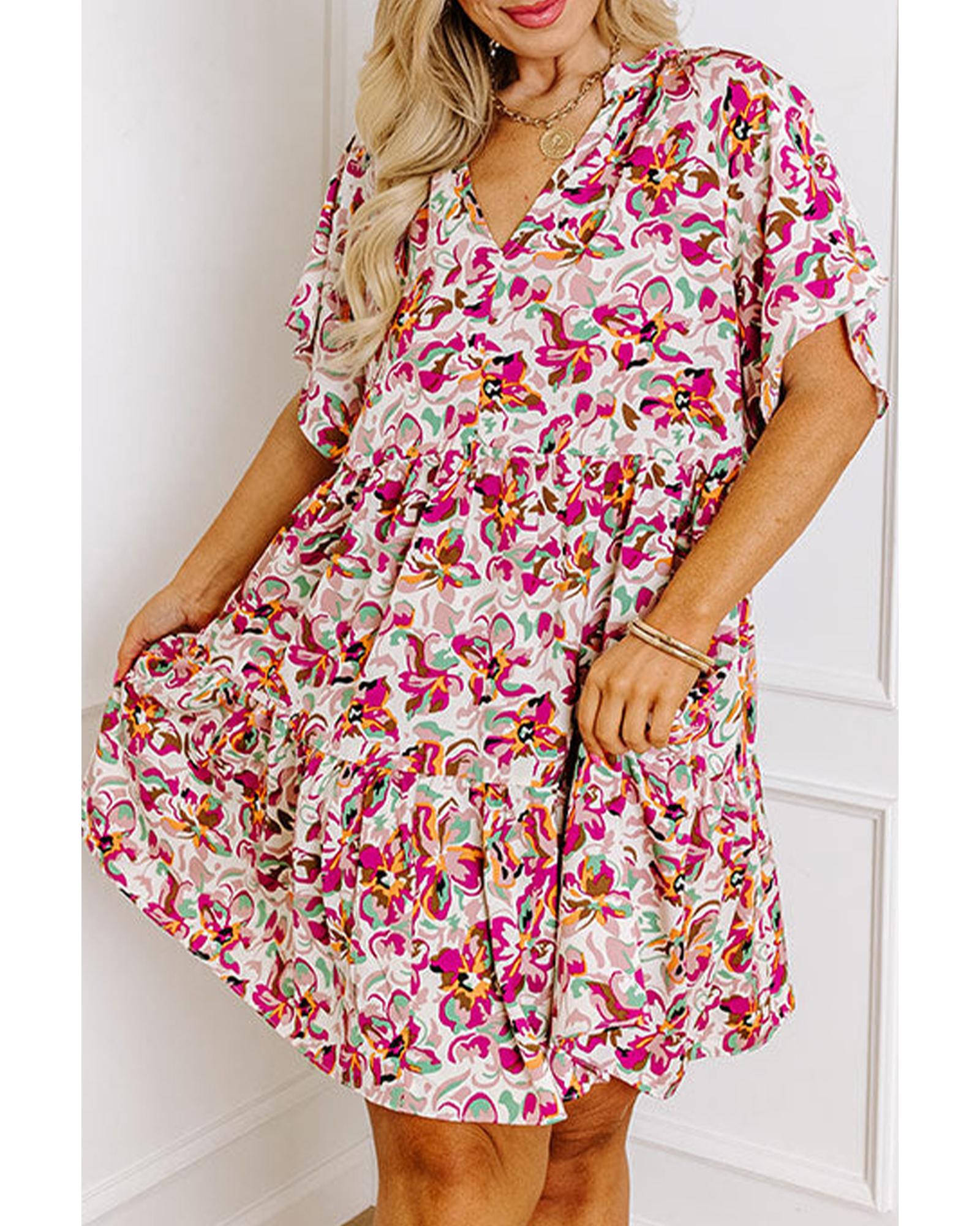 White Abstract Print V Neck Short Sleeve Ruffled Plus Size Mini Dress - 2X
