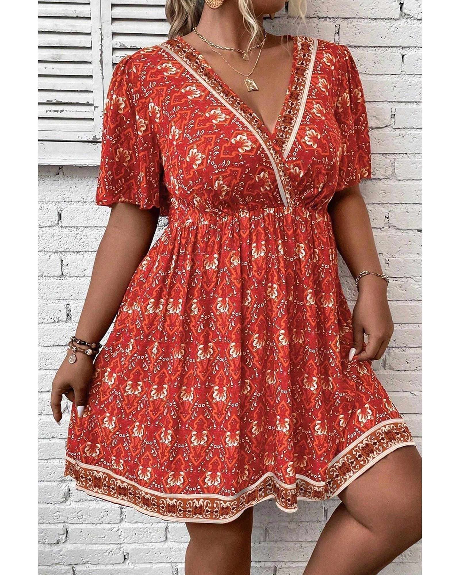 Orange Plus Size Printed Surplice Neck Empire Waist Flowy Mini Dress - 2X