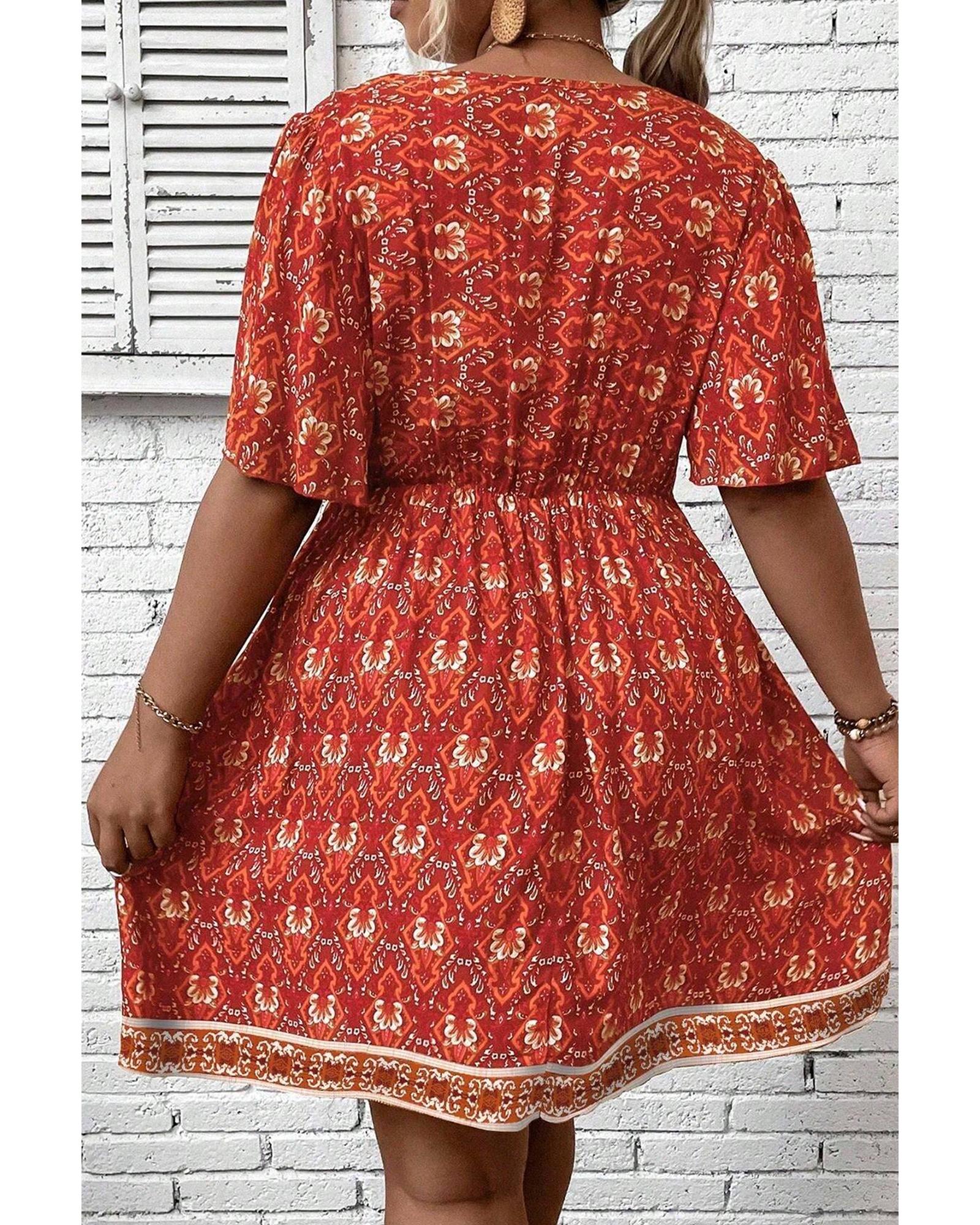 Orange Plus Size Printed Surplice Neck Empire Waist Flowy Mini Dress - 4X