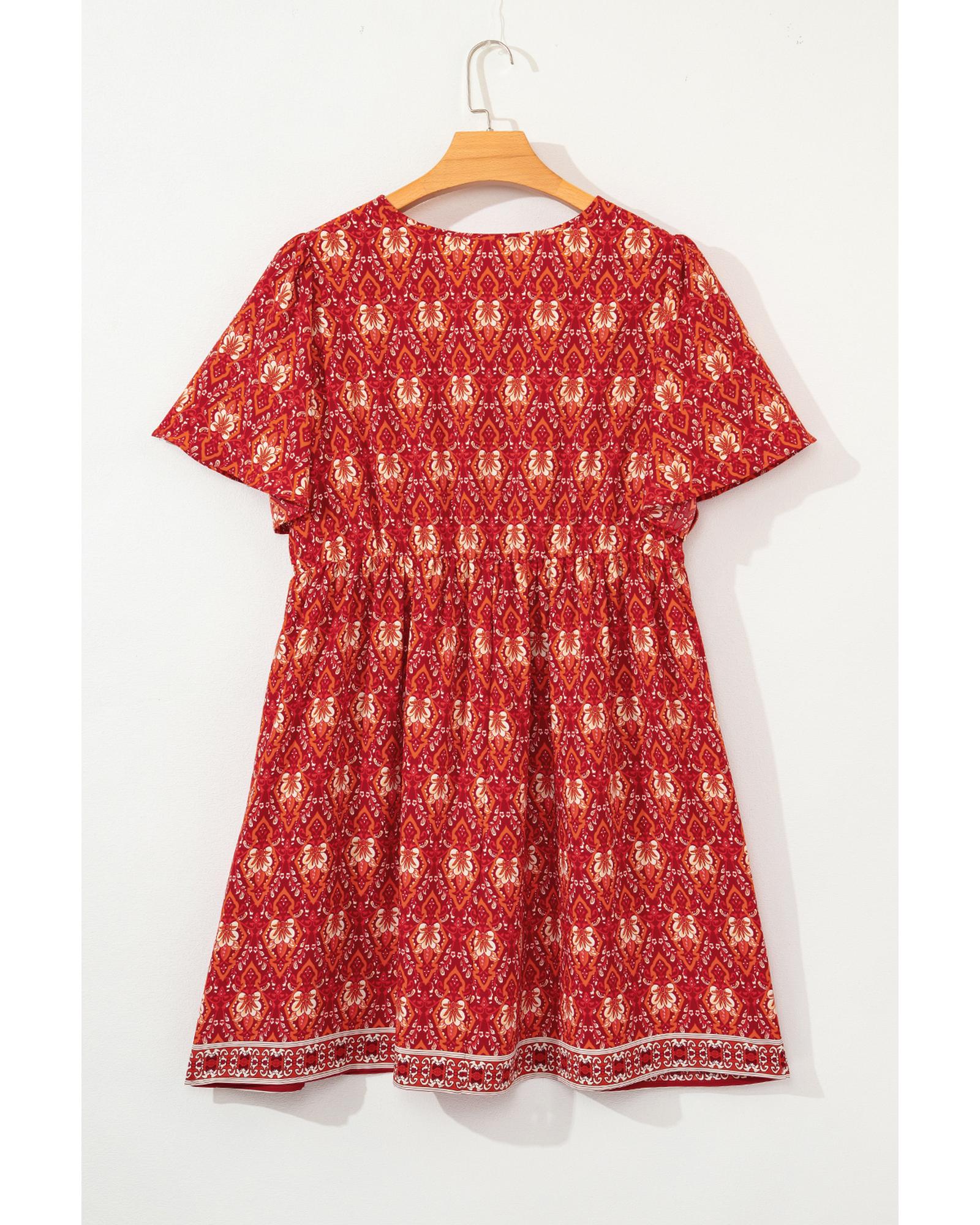 Orange Plus Size Printed Surplice Neck Empire Waist Flowy Mini Dress - 4X
