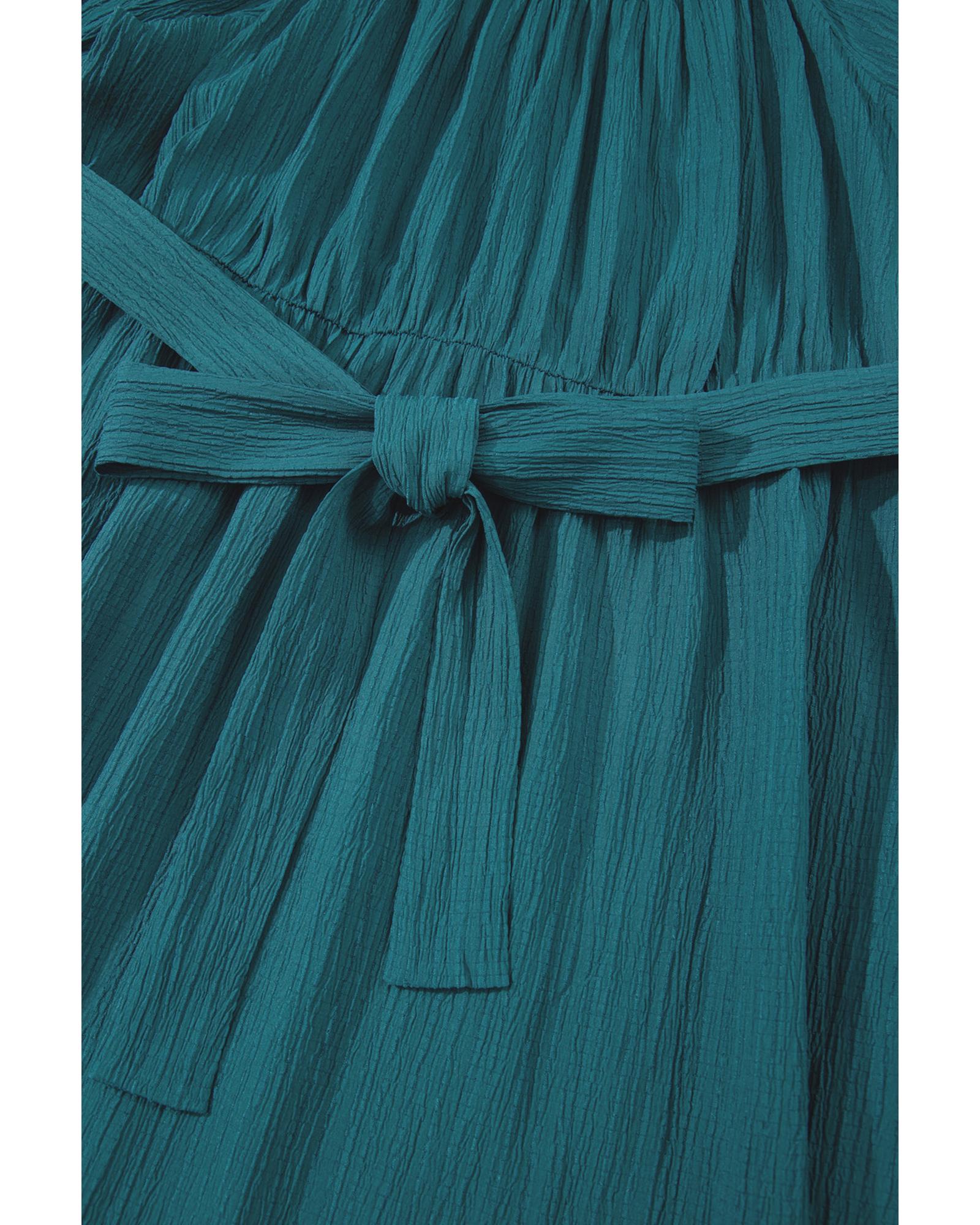 Skobeloff Frilled U Neck Puff Sleeve Belted Ruffle Hem Plus Size Midi Dress - 2X