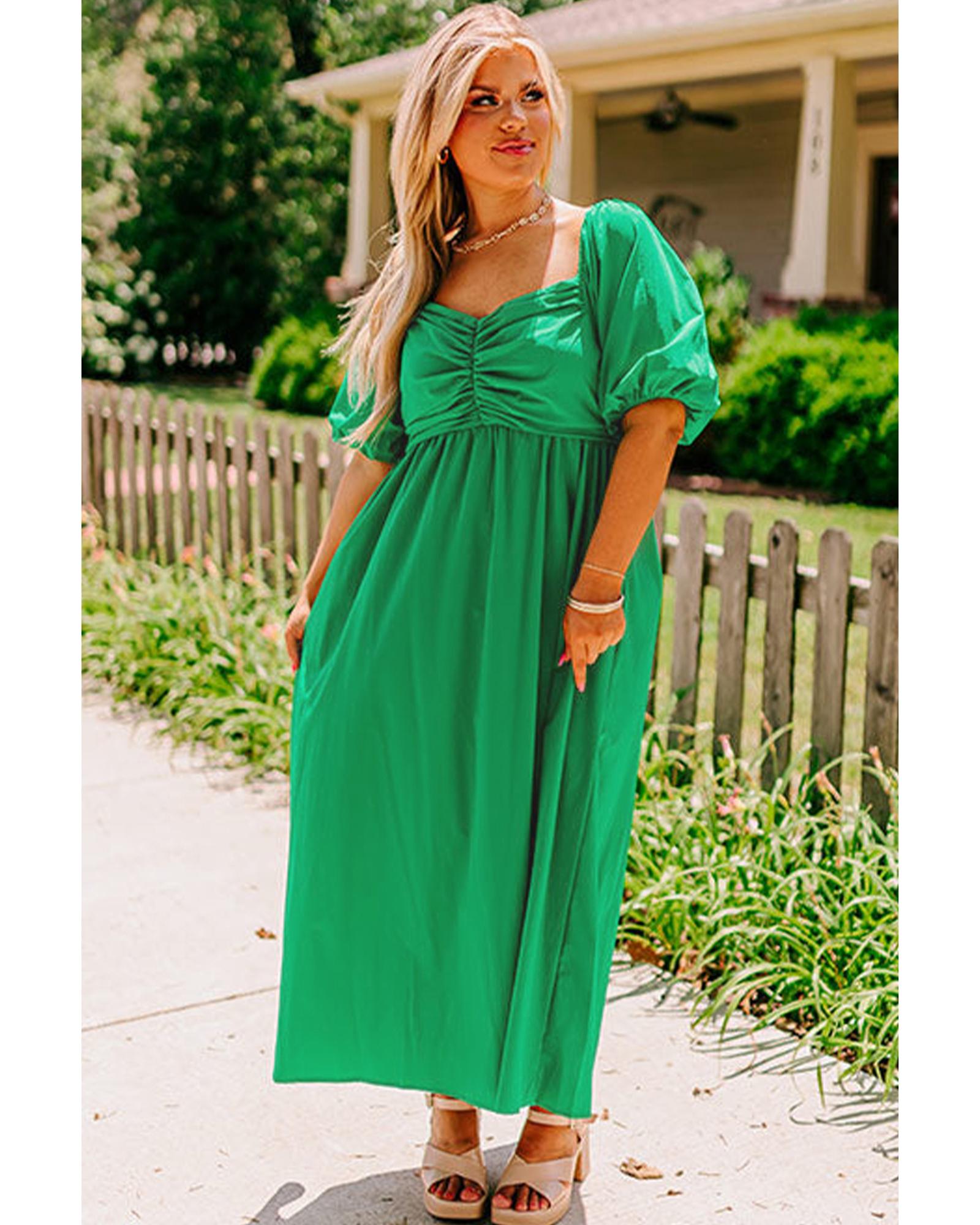 Bright Green Ruched Front Puff Sleeve Plus Size Long Dress - 1X