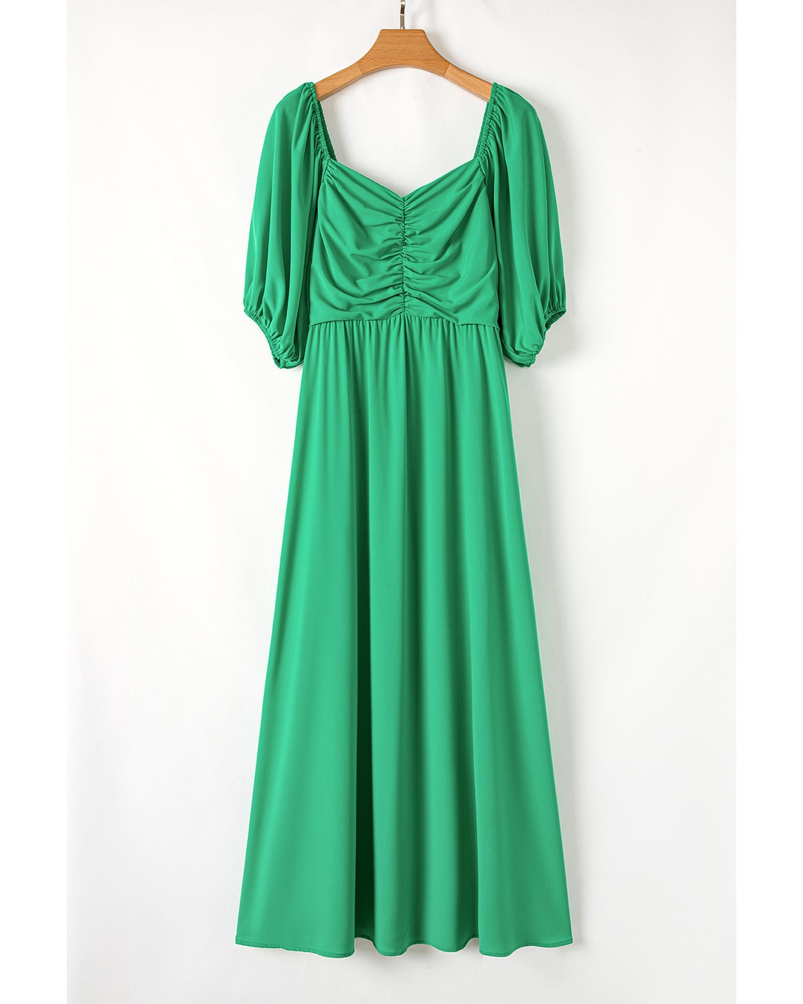 Bright Green Ruched Front Puff Sleeve Plus Size Long Dress - 1X