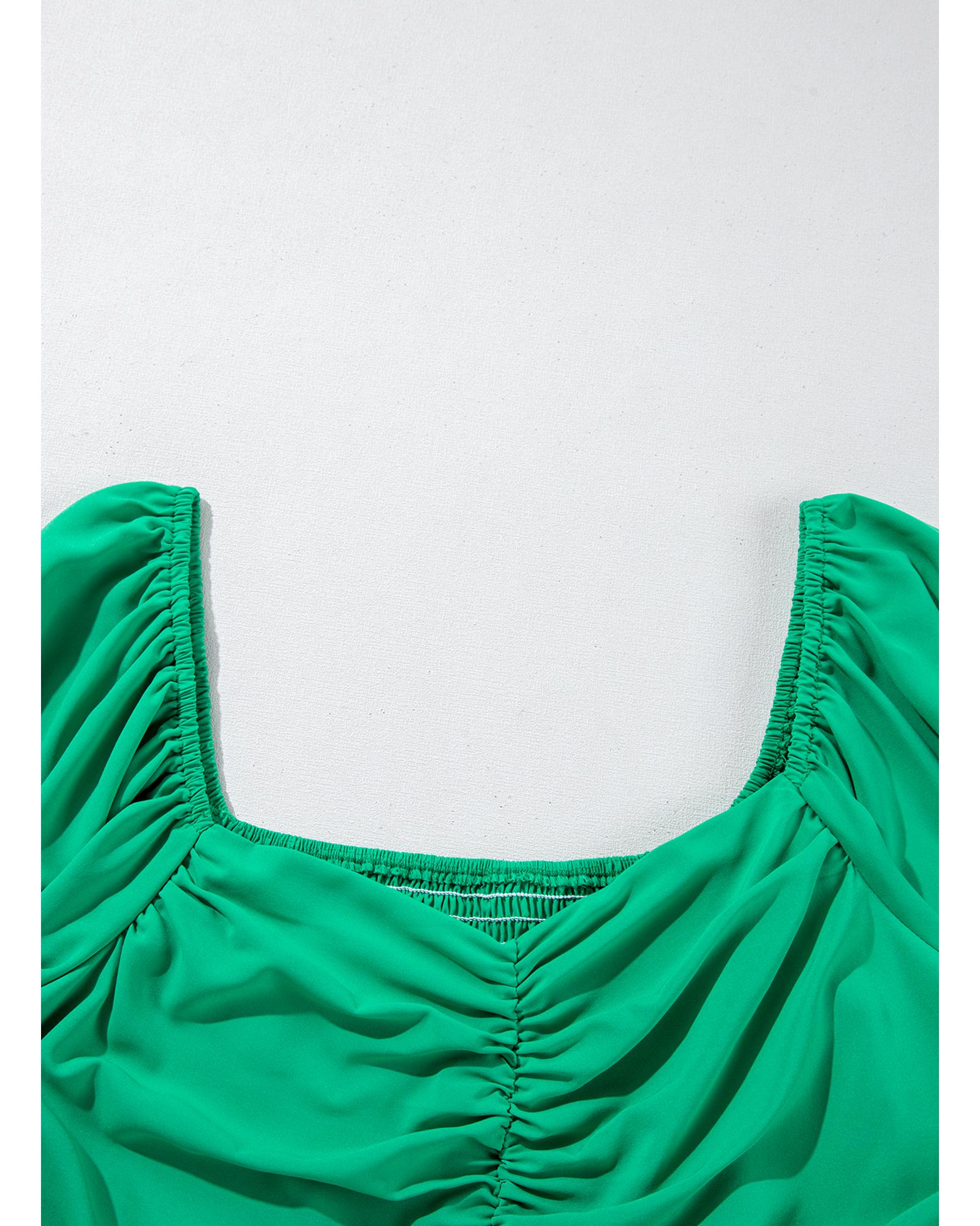 Bright Green Ruched Front Puff Sleeve Plus Size Long Dress - 2X