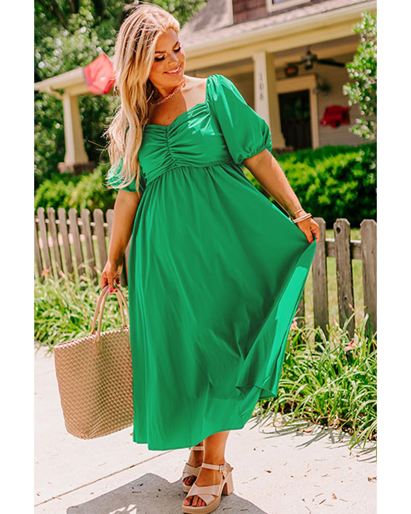 Bright Green Ruched Front Puff Sleeve Plus Size Long Dress - 4X