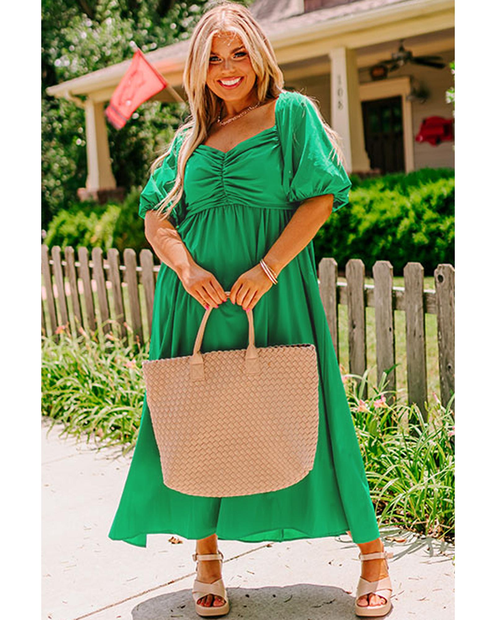 Bright Green Ruched Front Puff Sleeve Plus Size Long Dress - 4X