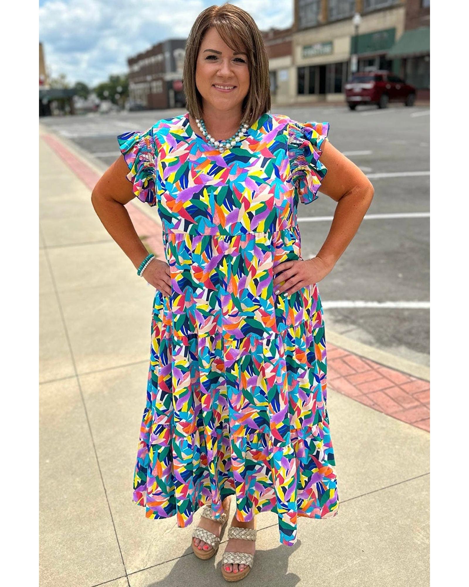 Blue Geometric Print Ruffled Short Sleeve Plus Size Tiered Maxi Dress - 1X