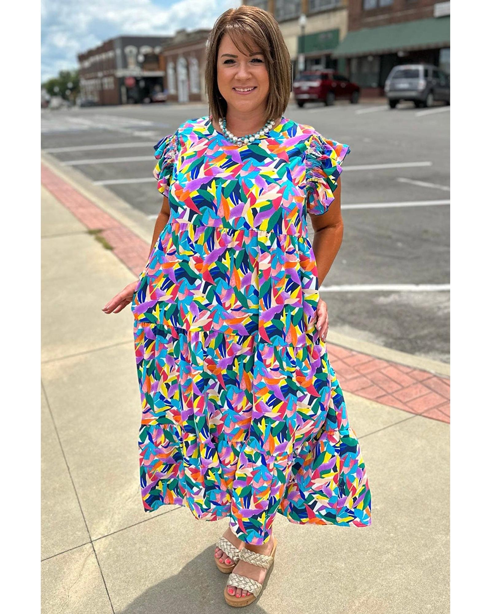Blue Geometric Print Ruffled Short Sleeve Plus Size Tiered Maxi Dress - 1X