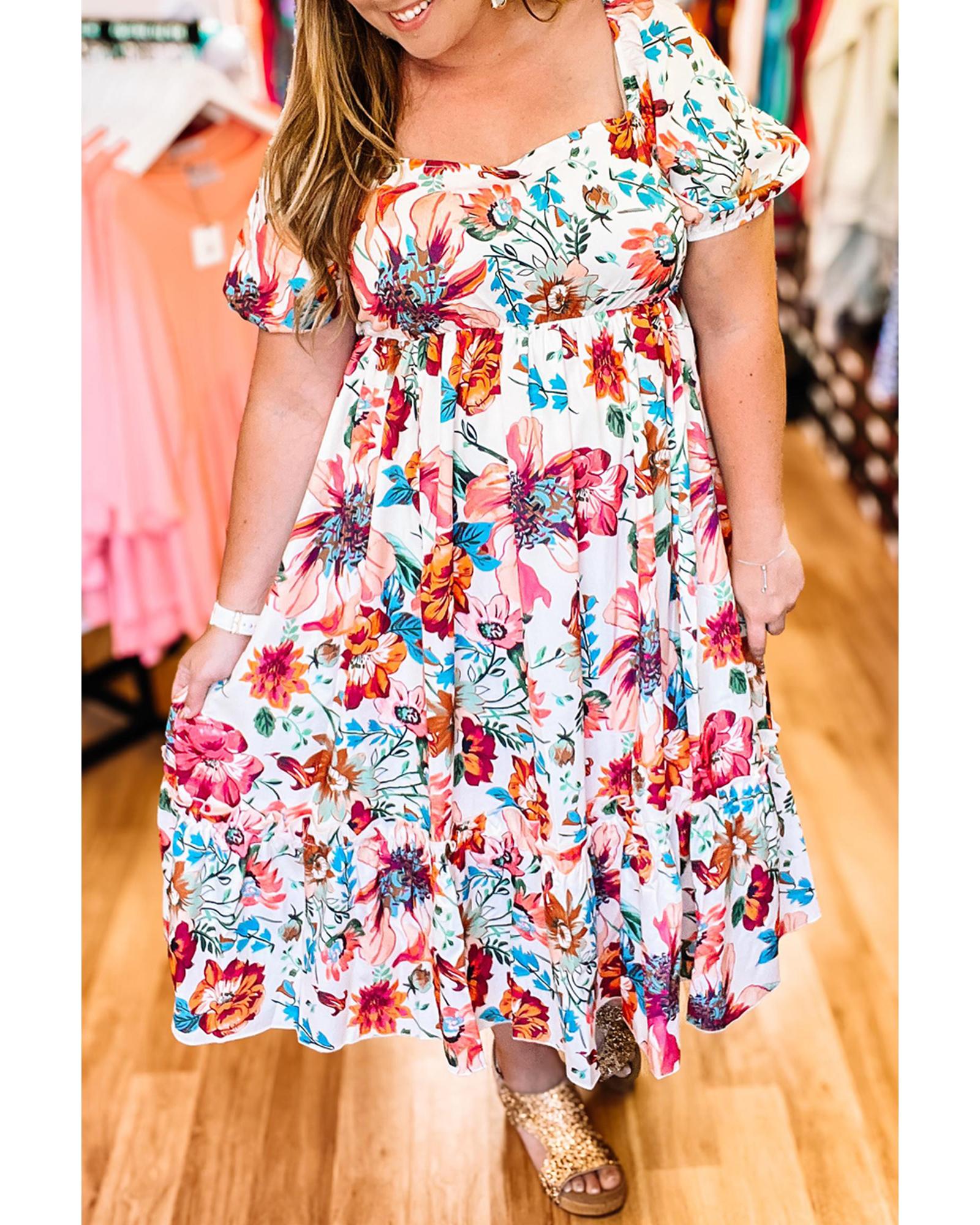 White Floral Square Neck Puff Sleeve Flowy Plus Size Midi Dress - 3X