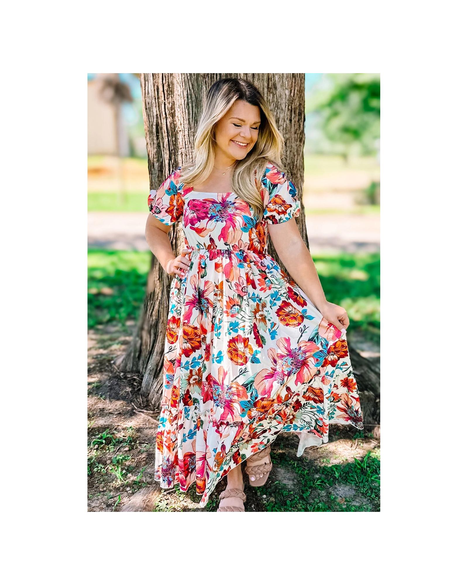 White Floral Square Neck Puff Sleeve Flowy Plus Size Midi Dress - 4X