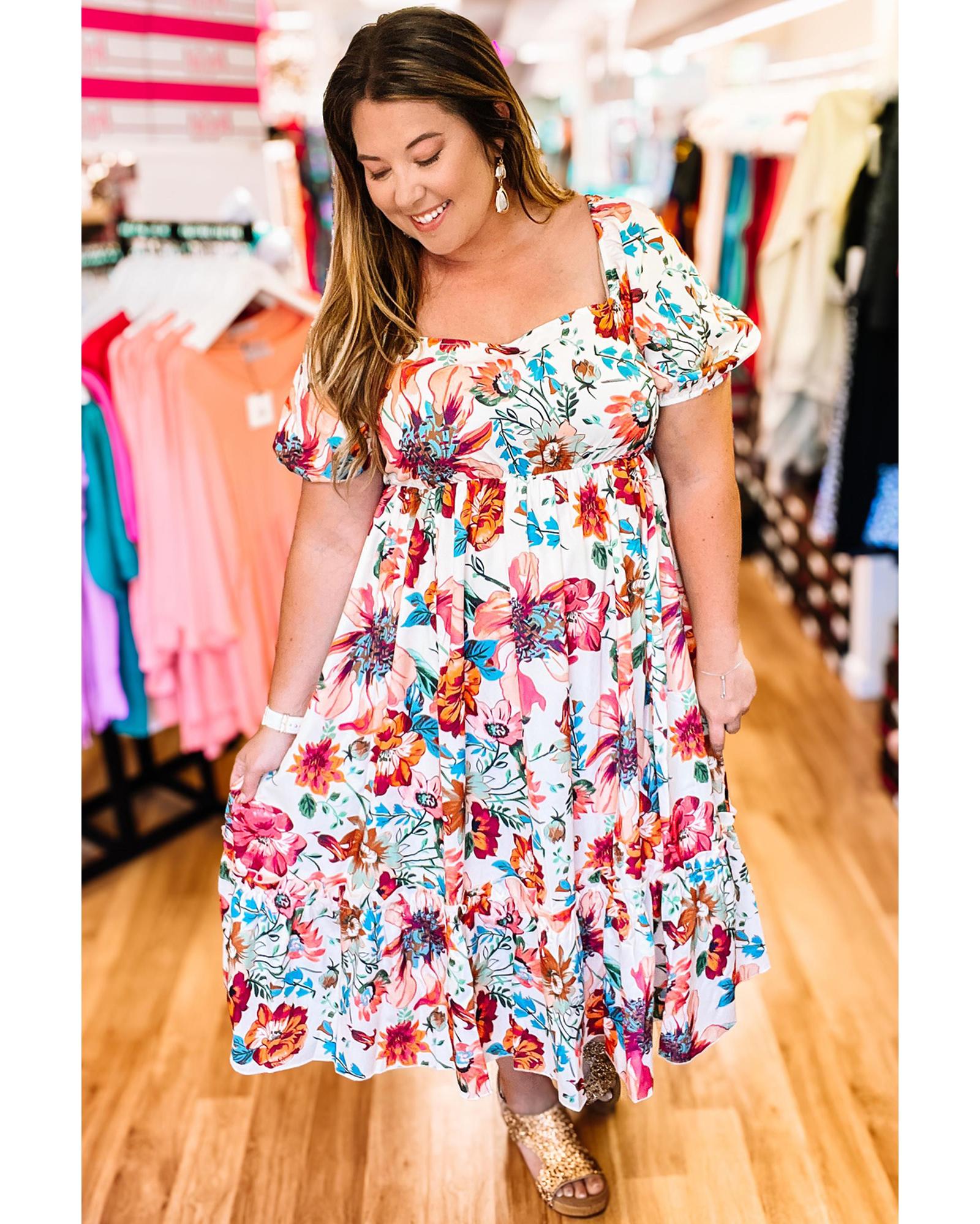 White Floral Square Neck Puff Sleeve Flowy Plus Size Midi Dress - 4X