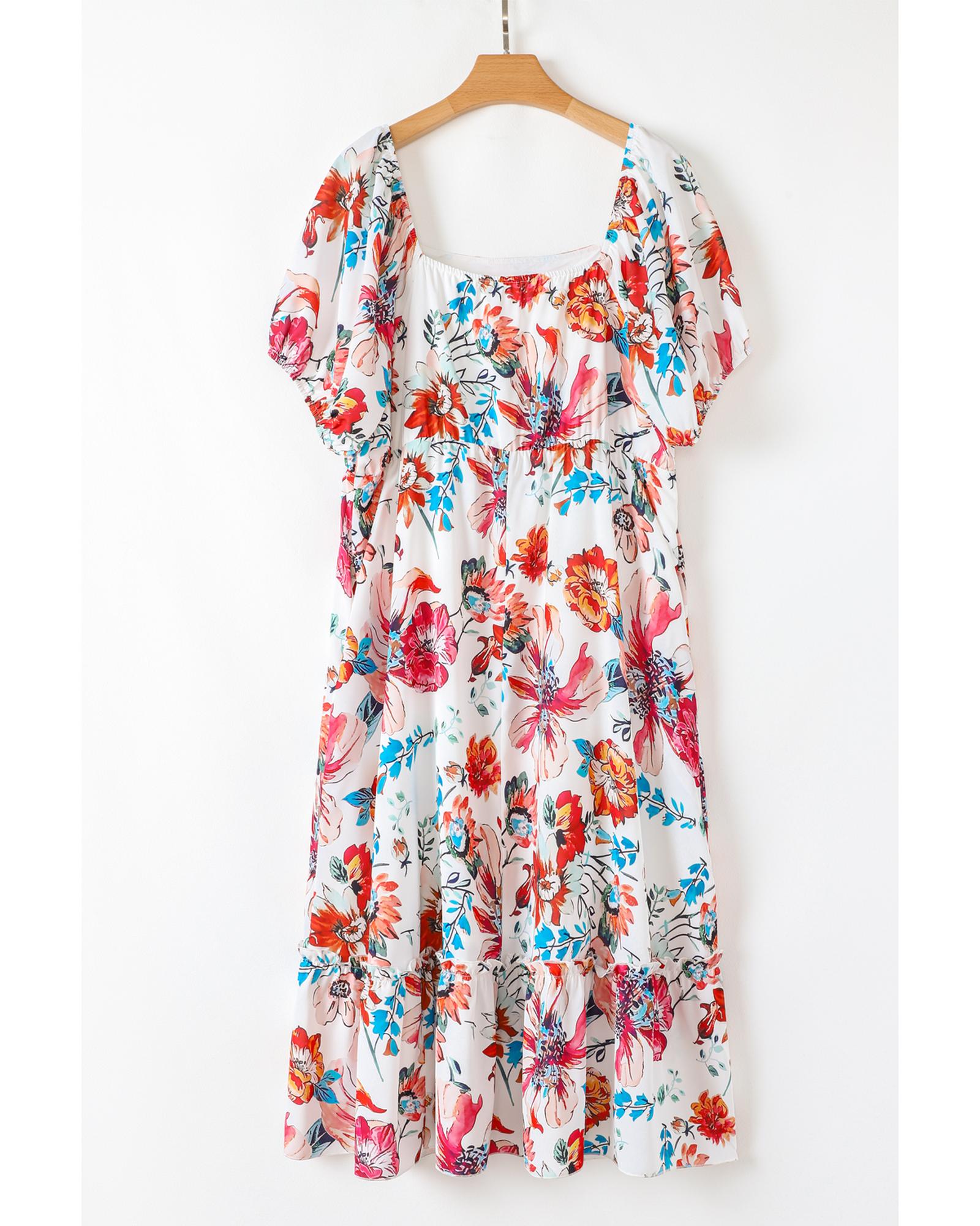 White Floral Square Neck Puff Sleeve Flowy Plus Size Midi Dress - 4X