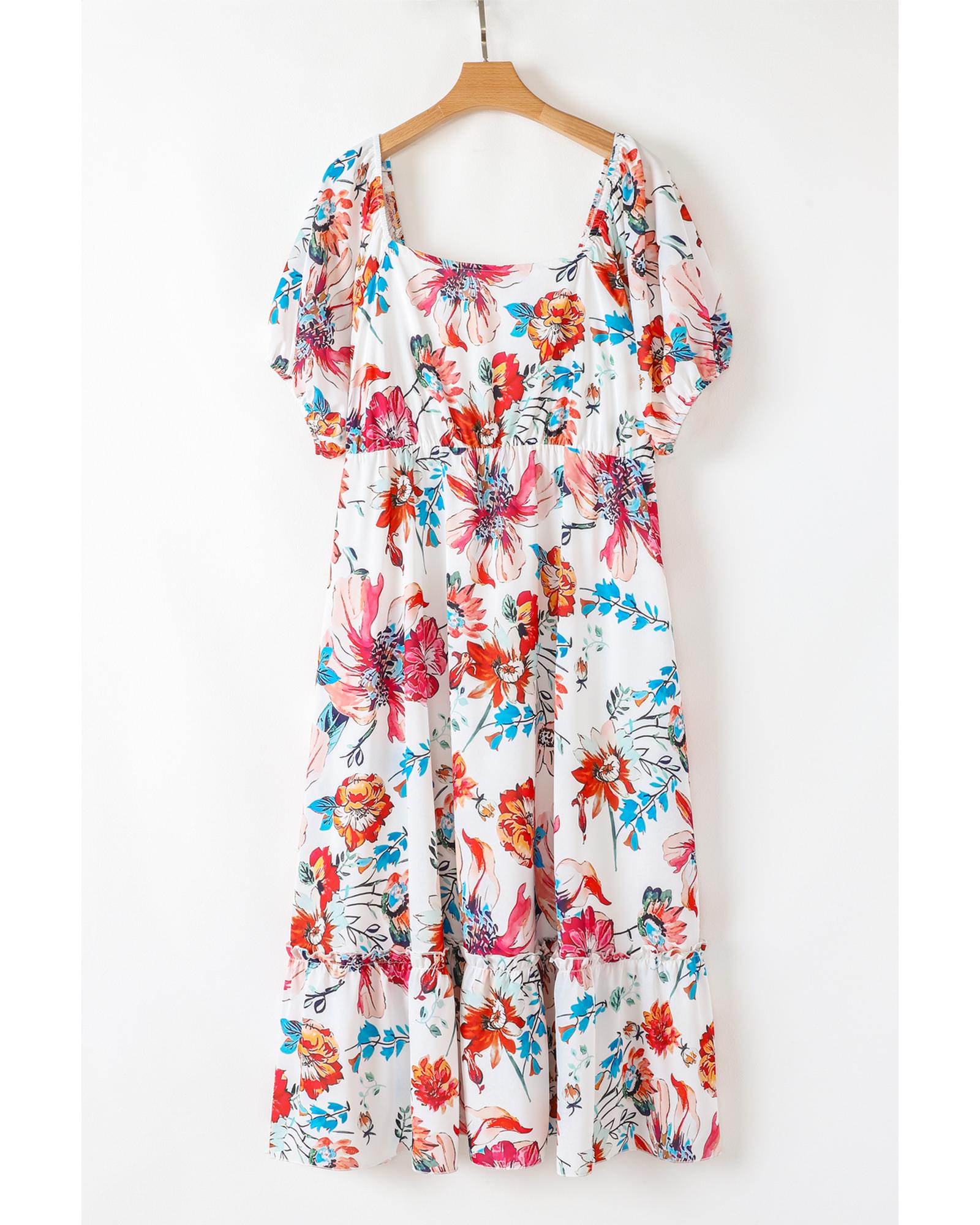 White Floral Square Neck Puff Sleeve Flowy Plus Size Midi Dress - 4X