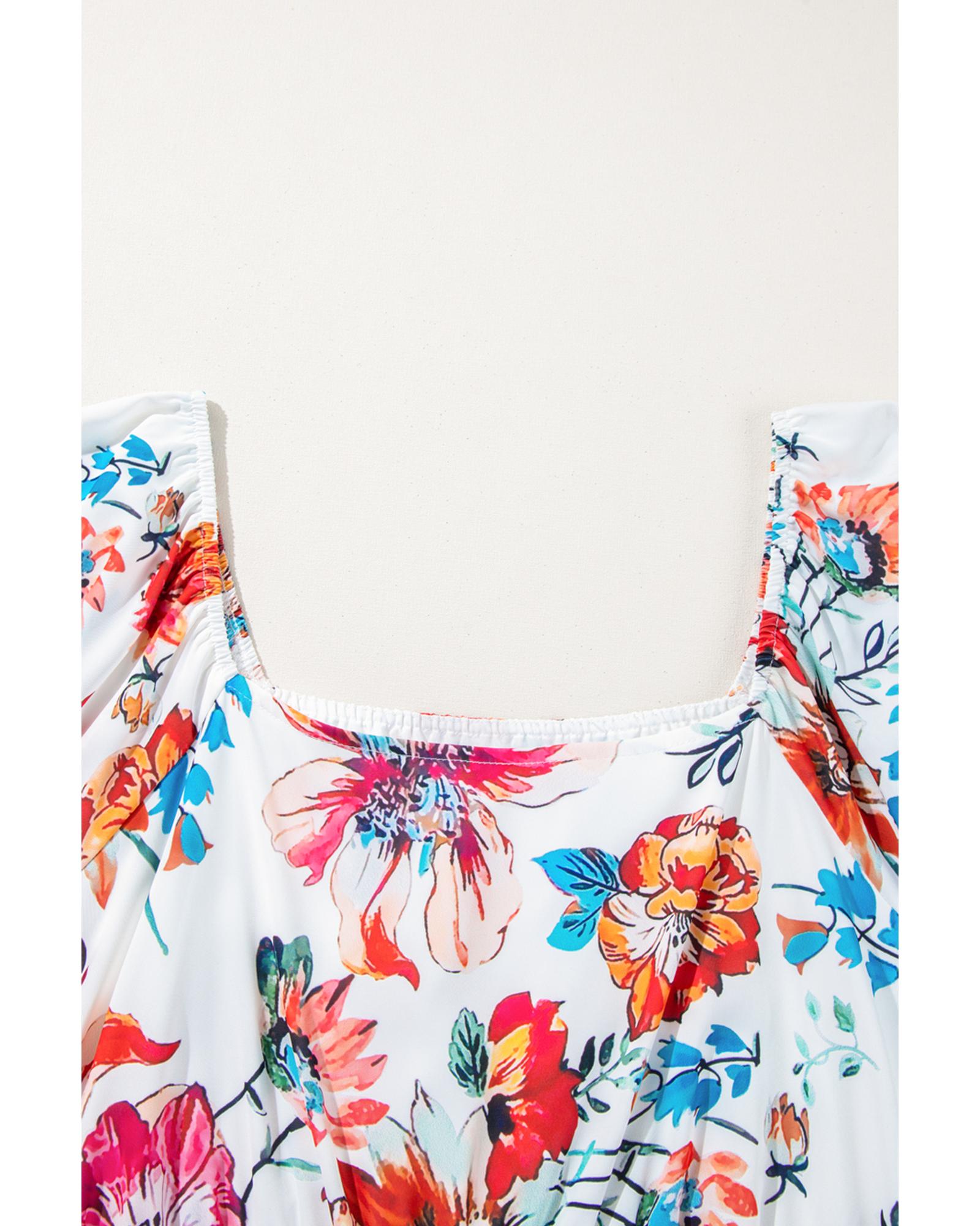 White Floral Square Neck Puff Sleeve Flowy Plus Size Midi Dress - 4X