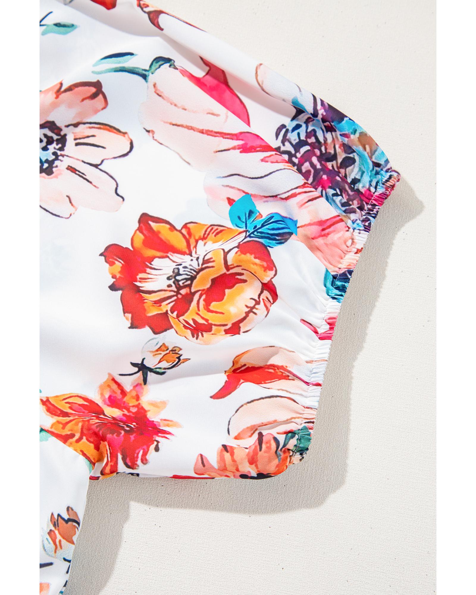 White Floral Square Neck Puff Sleeve Flowy Plus Size Midi Dress - 4X