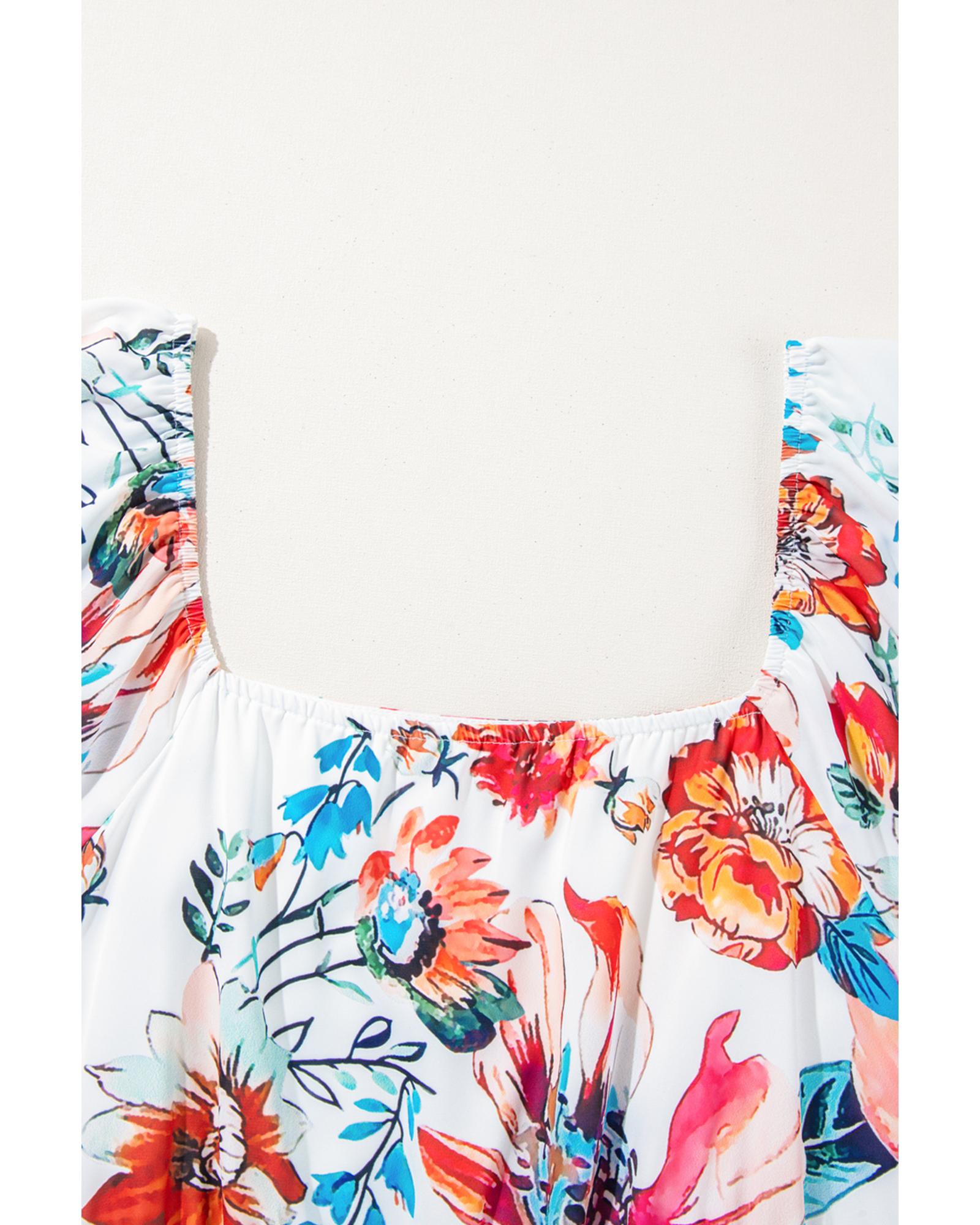 White Floral Square Neck Puff Sleeve Flowy Plus Size Midi Dress - 4X