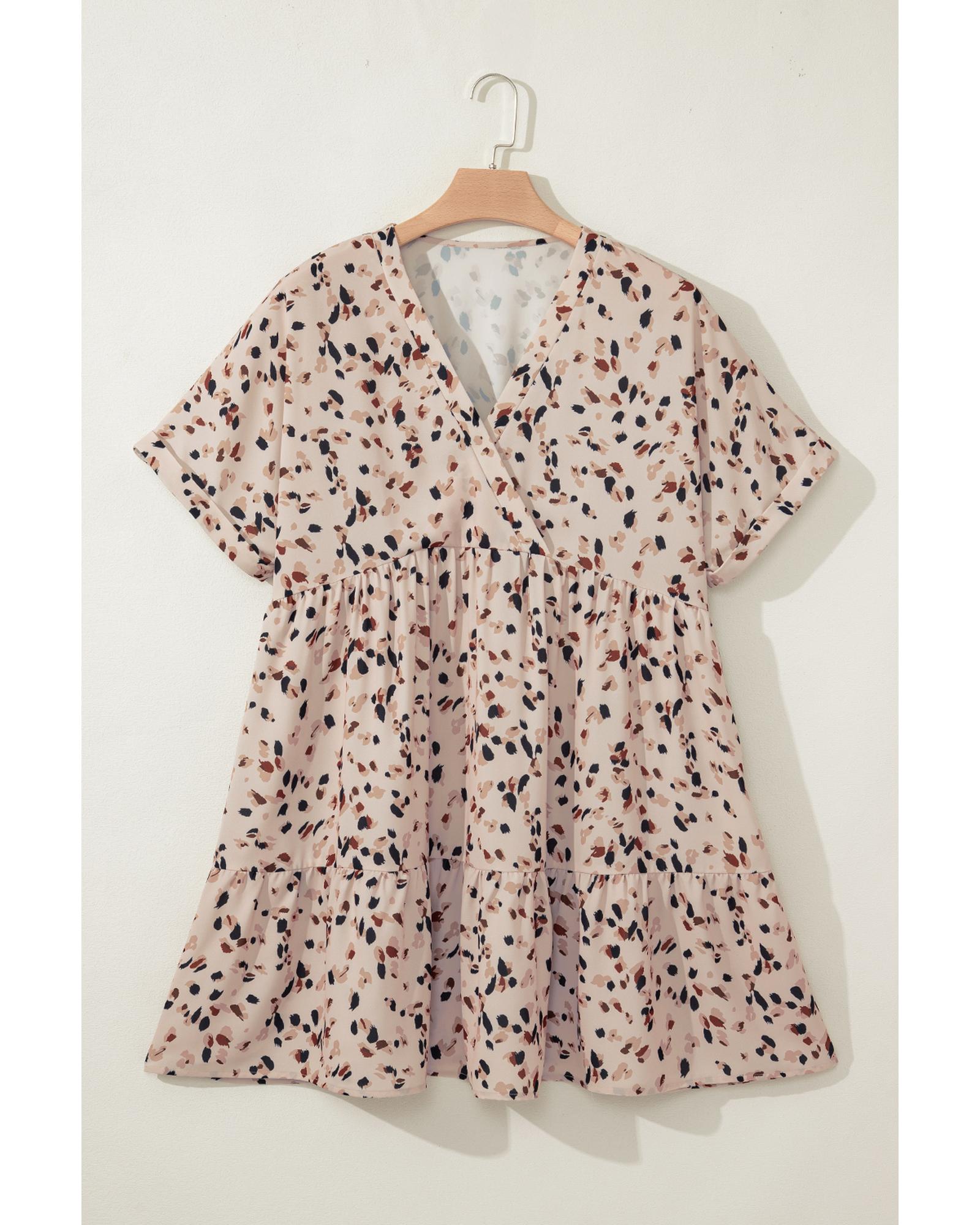 Beige Printed Surplice V Neck Cuffed Sleeve Empire Waist Plus Size Dress - 2X