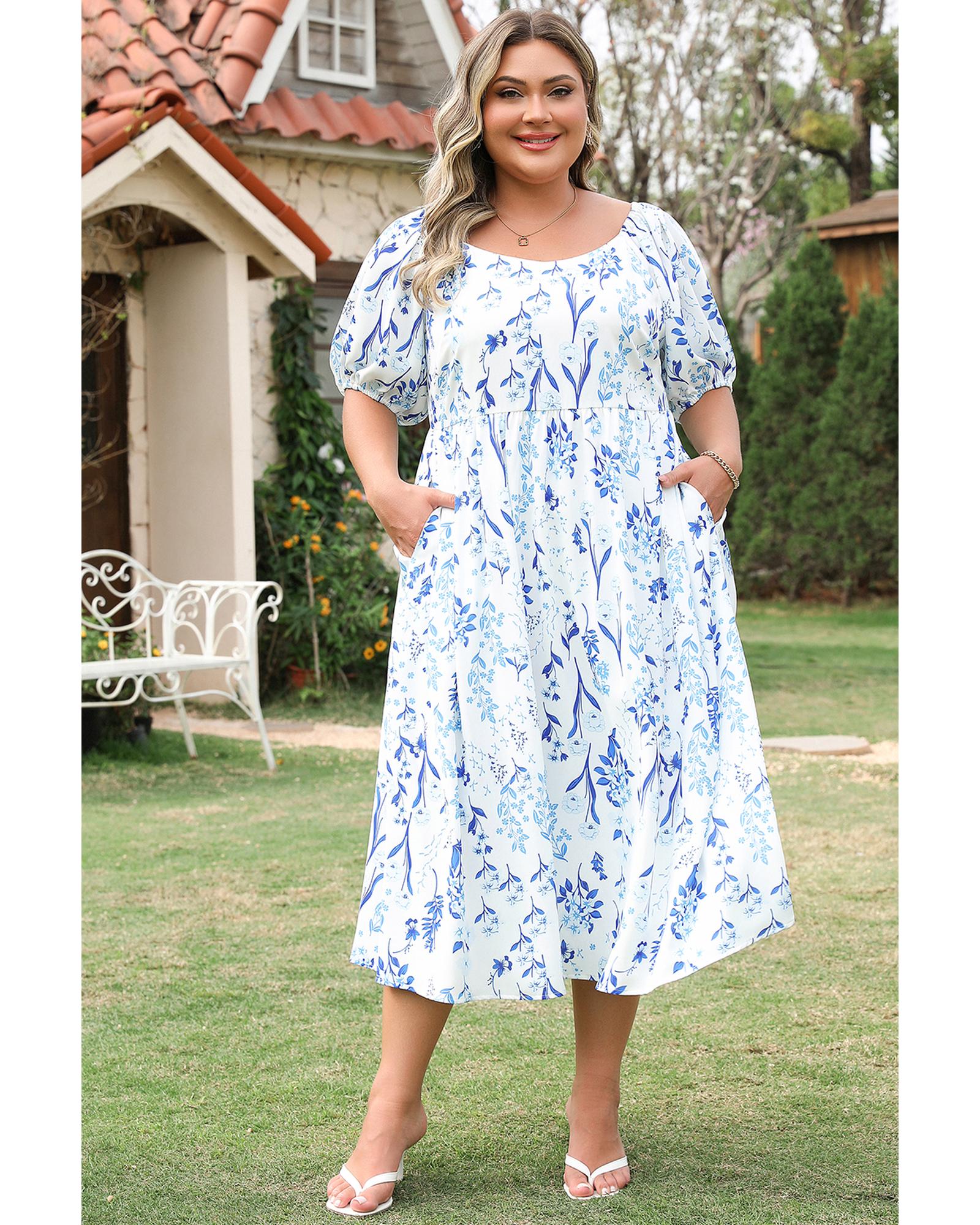 Sky Blue Floral Print Sweetheart Neck Plus Size Midi Dress - 1X