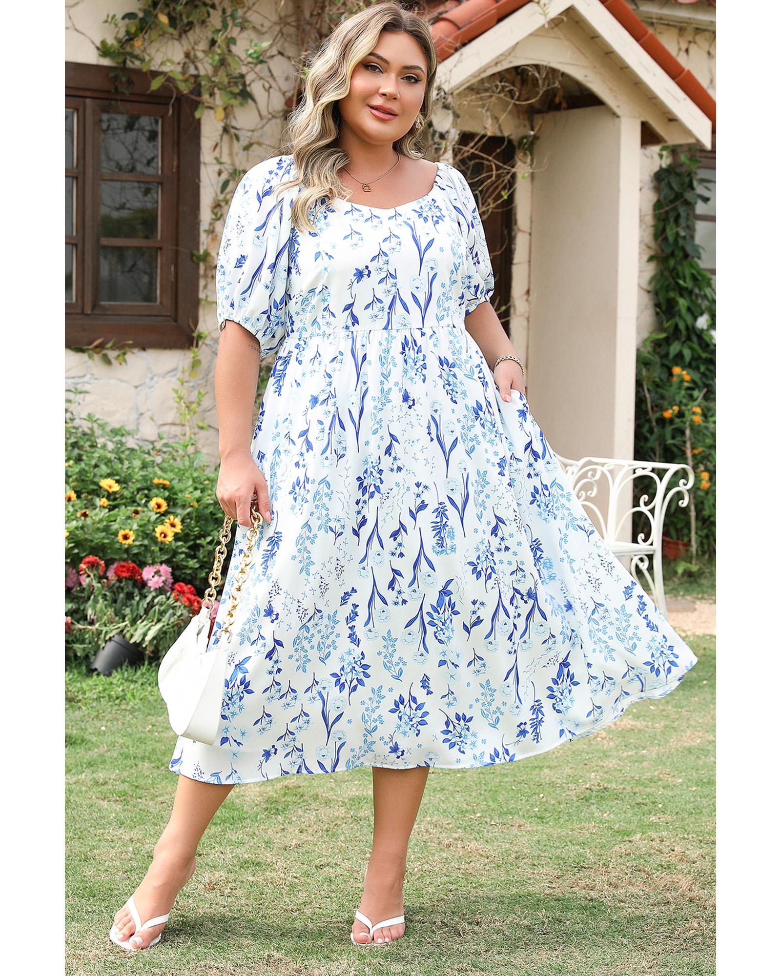 Sky Blue Floral Print Sweetheart Neck Plus Size Midi Dress - 1X