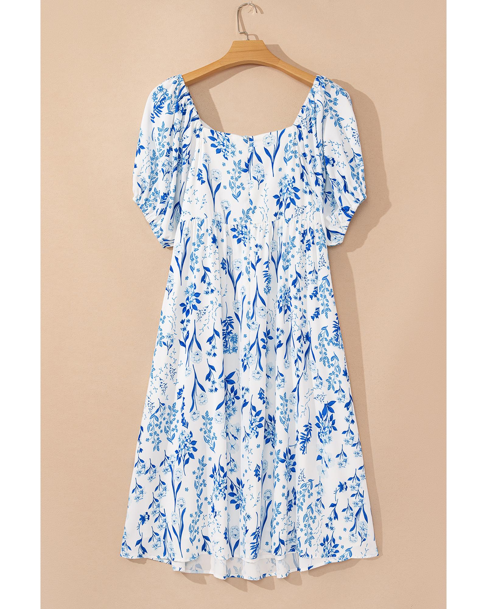 Sky Blue Floral Print Sweetheart Neck Plus Size Midi Dress - 1X