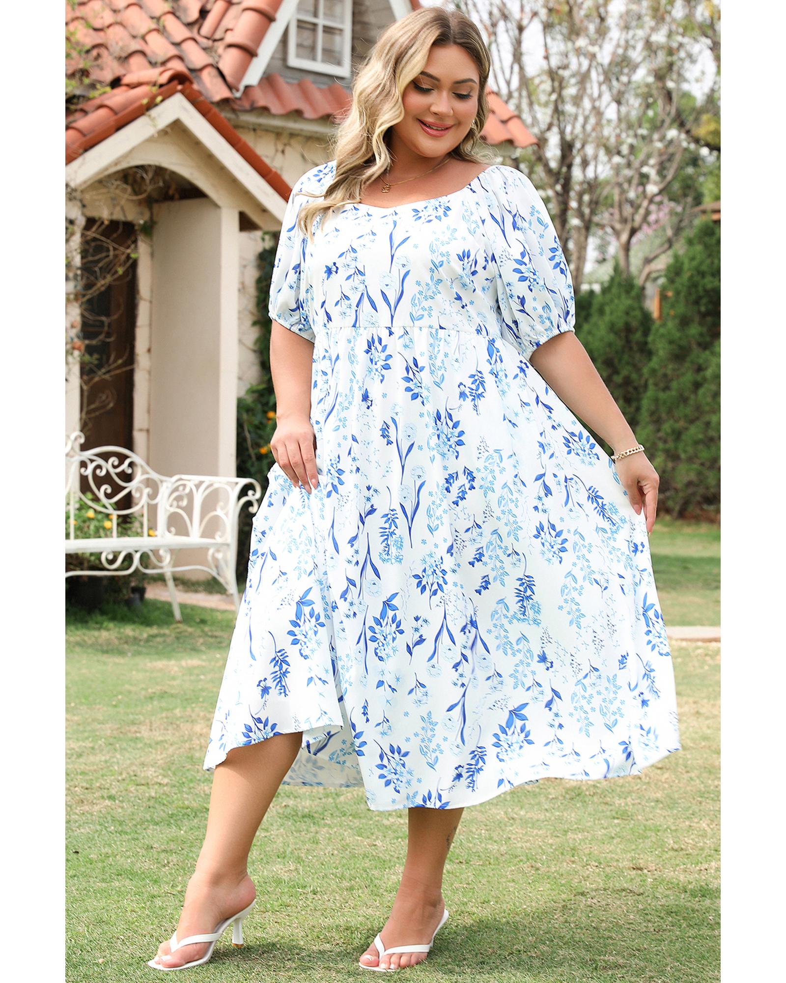 Sky Blue Floral Print Sweetheart Neck Plus Size Midi Dress - 3X