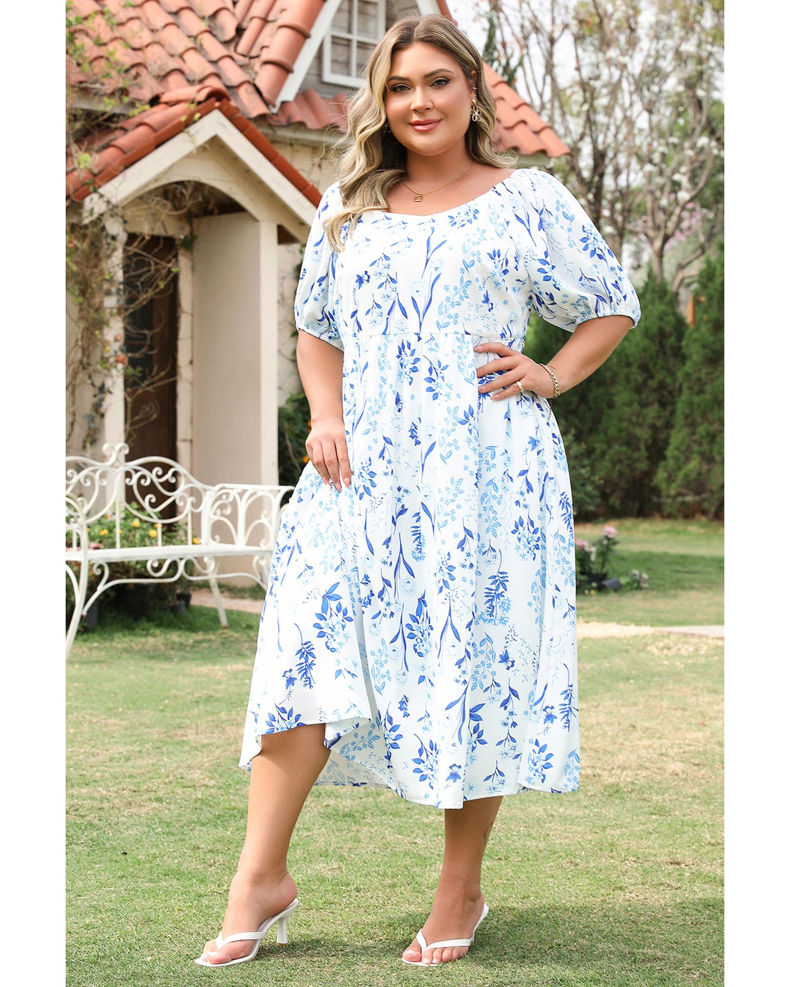 Sky Blue Floral Print Sweetheart Neck Plus Size Midi Dress - 4X