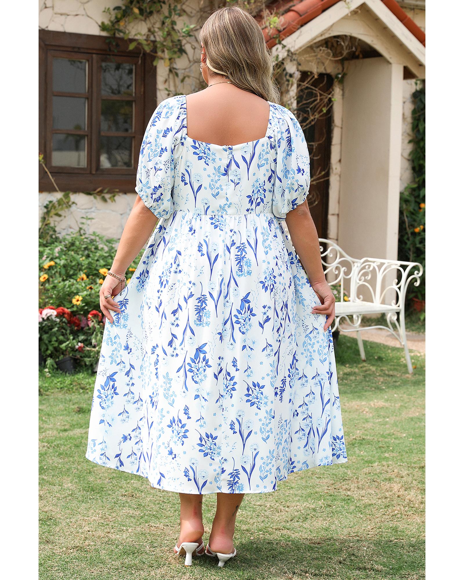 Sky Blue Floral Print Sweetheart Neck Plus Size Midi Dress - 4X