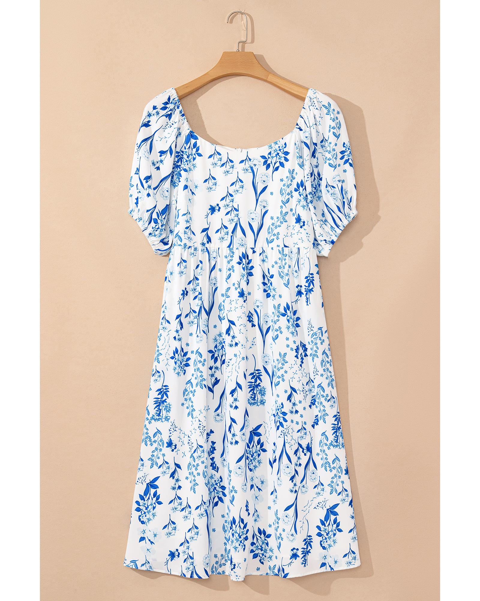 Sky Blue Floral Print Sweetheart Neck Plus Size Midi Dress - 4X