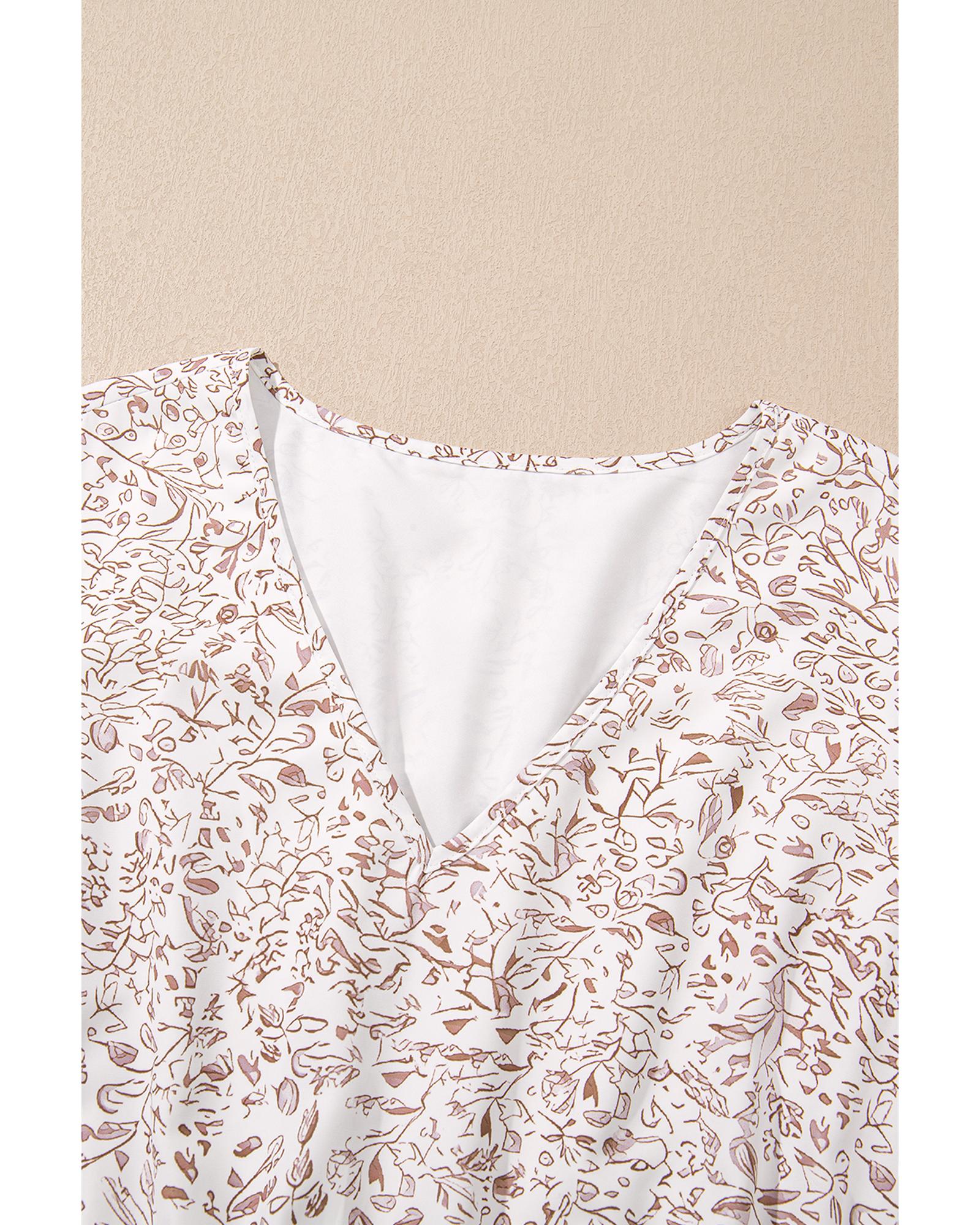 White Floral V Neck Ruffled Short Sleeve Plus Size Dress - 1X