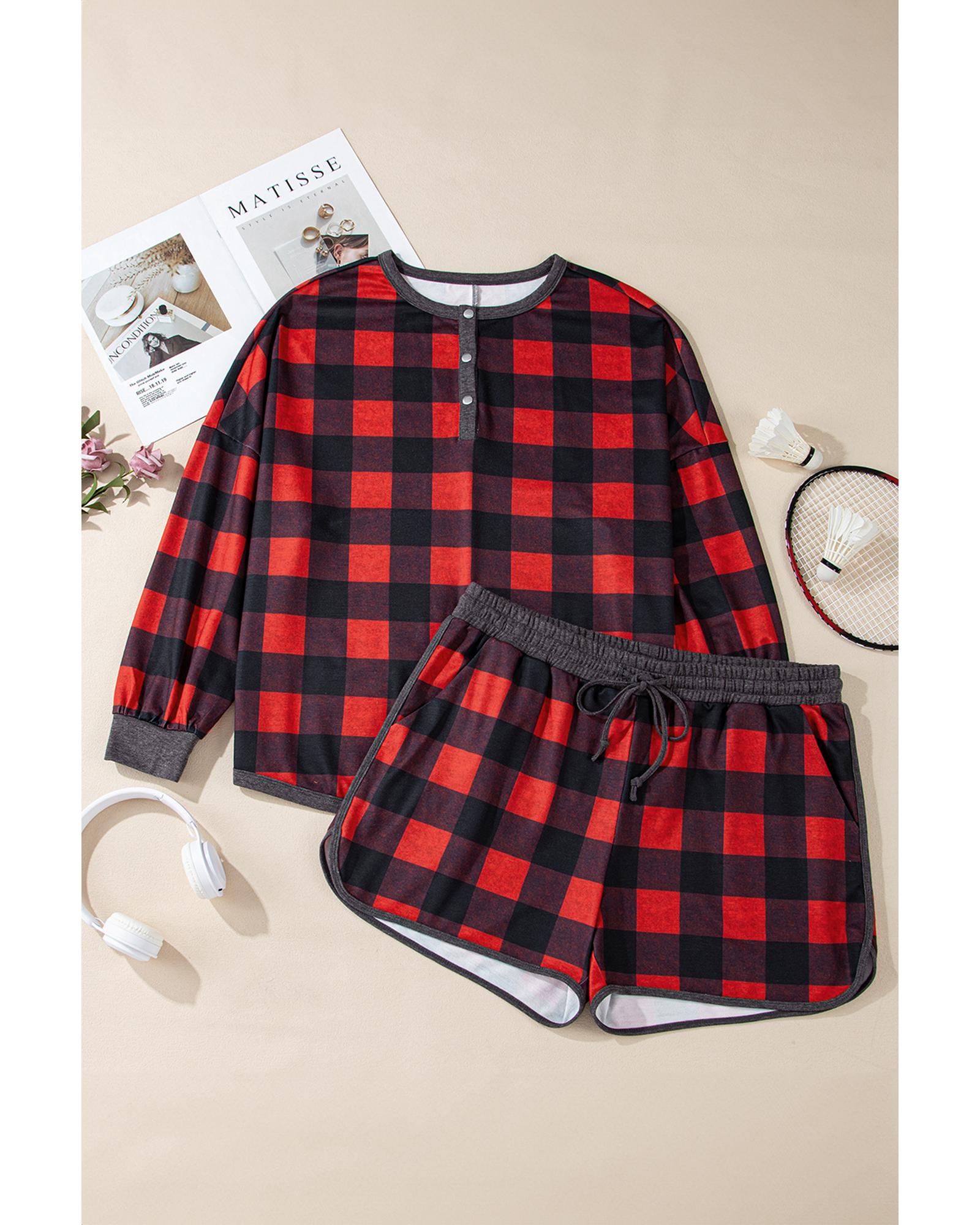 Fiery Red Christmas Buffalo Print Henley Top and Shorts Plus Size Set - 2X