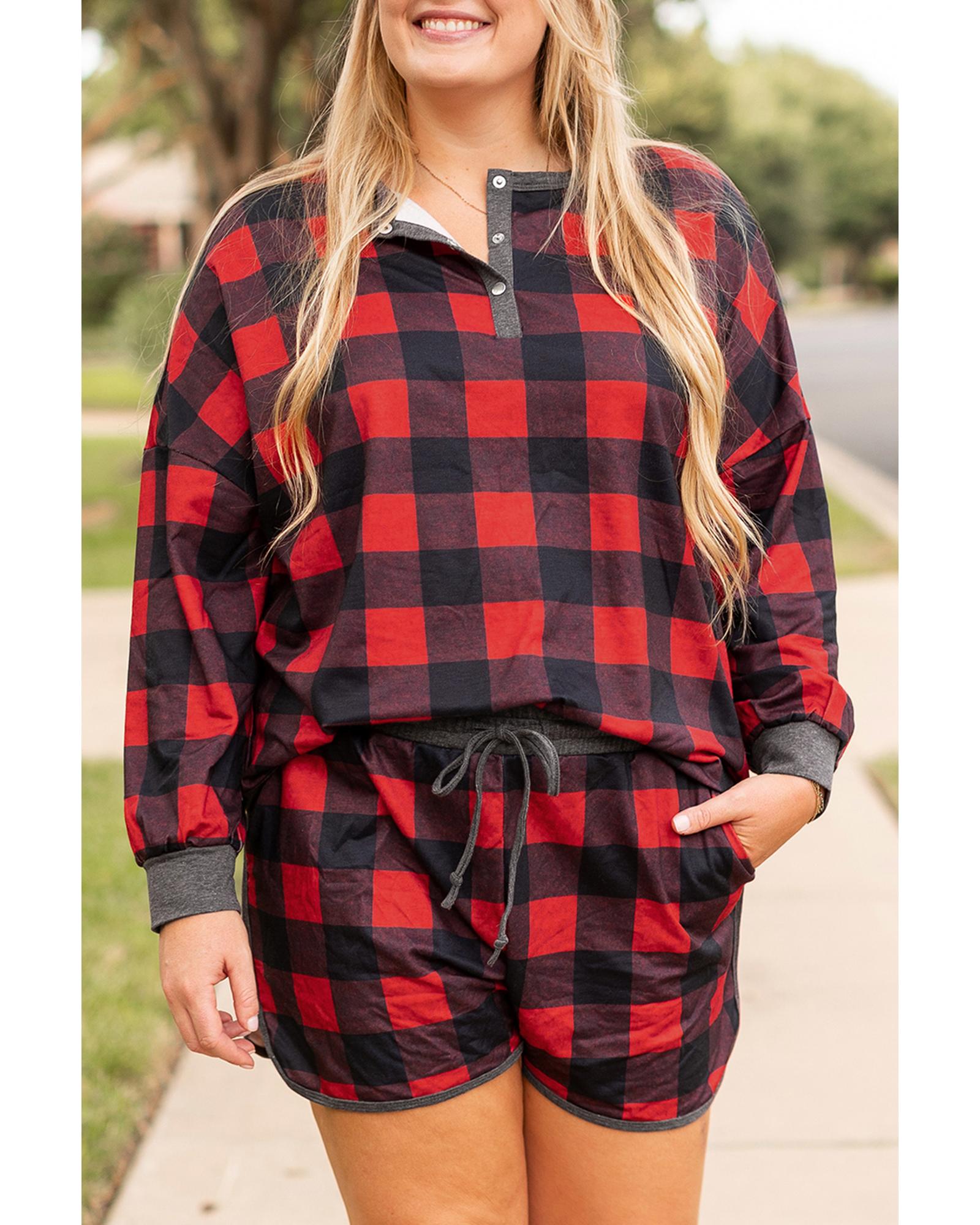 Fiery Red Christmas Buffalo Print Henley Top and Shorts Plus Size Set - 2X