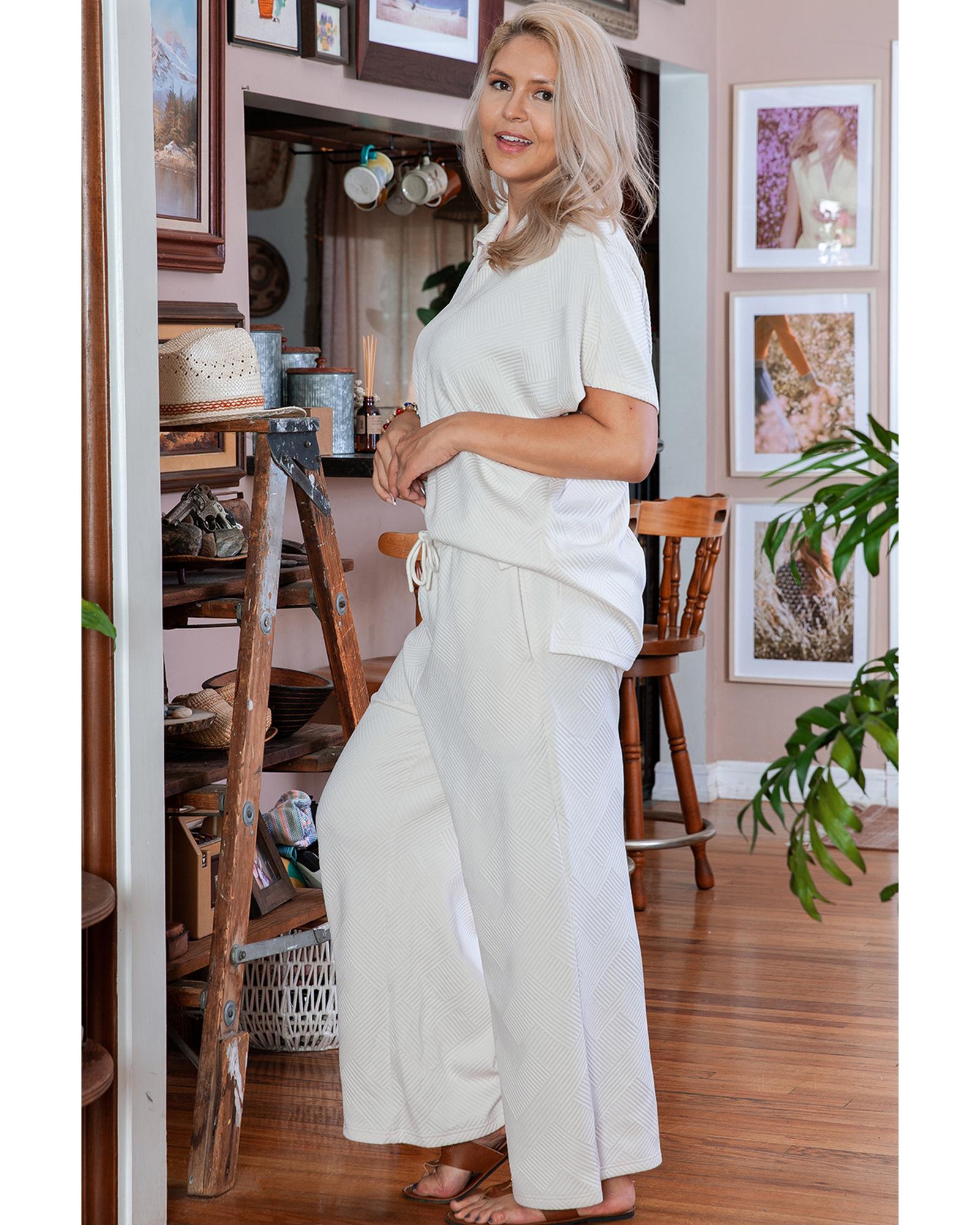 Beige Plus Size Textured Collared Top and Pants Set - 1X
