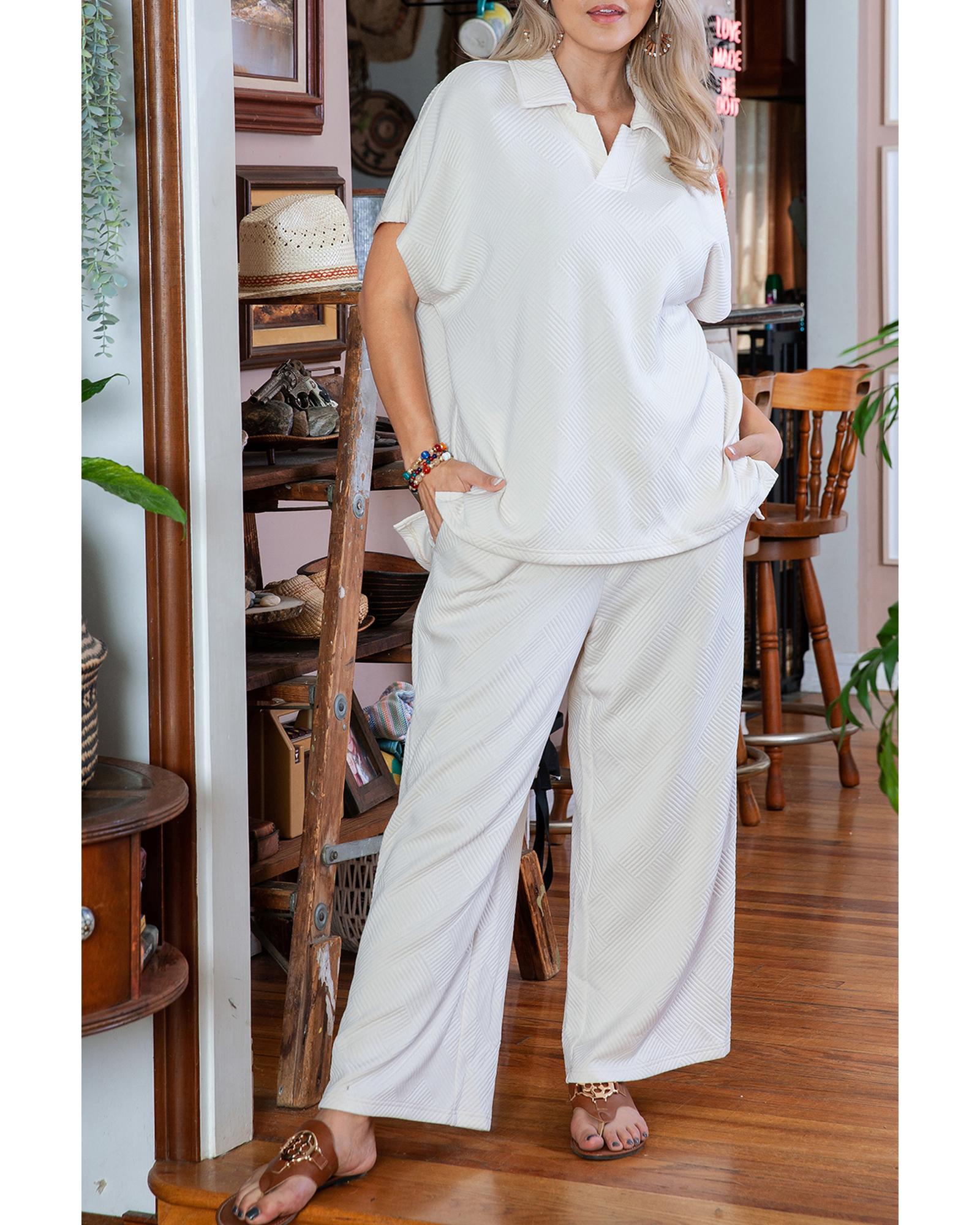 Beige Plus Size Textured Collared Top and Pants Set - 1X