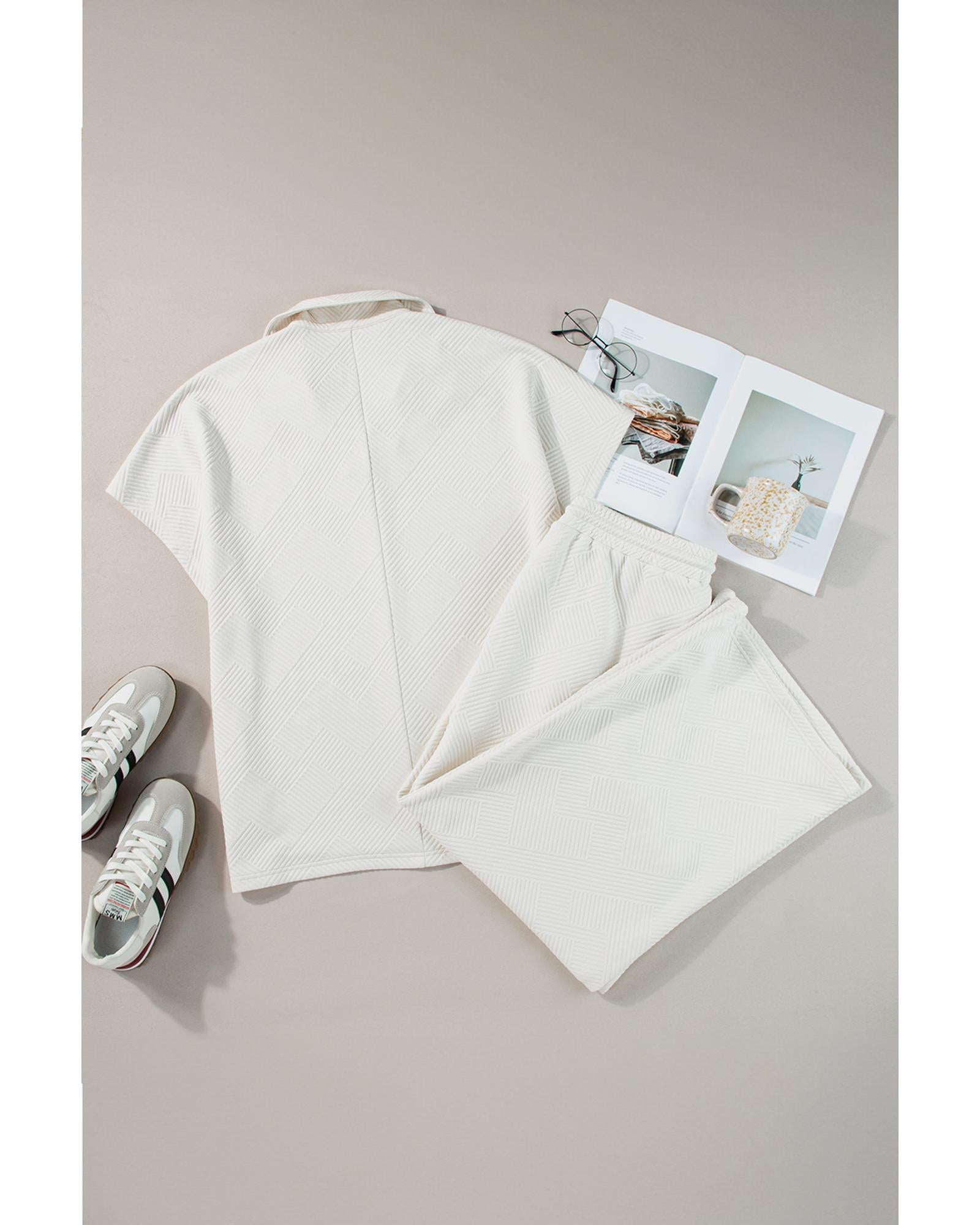 Beige Plus Size Textured Collared Top and Pants Set - 1X