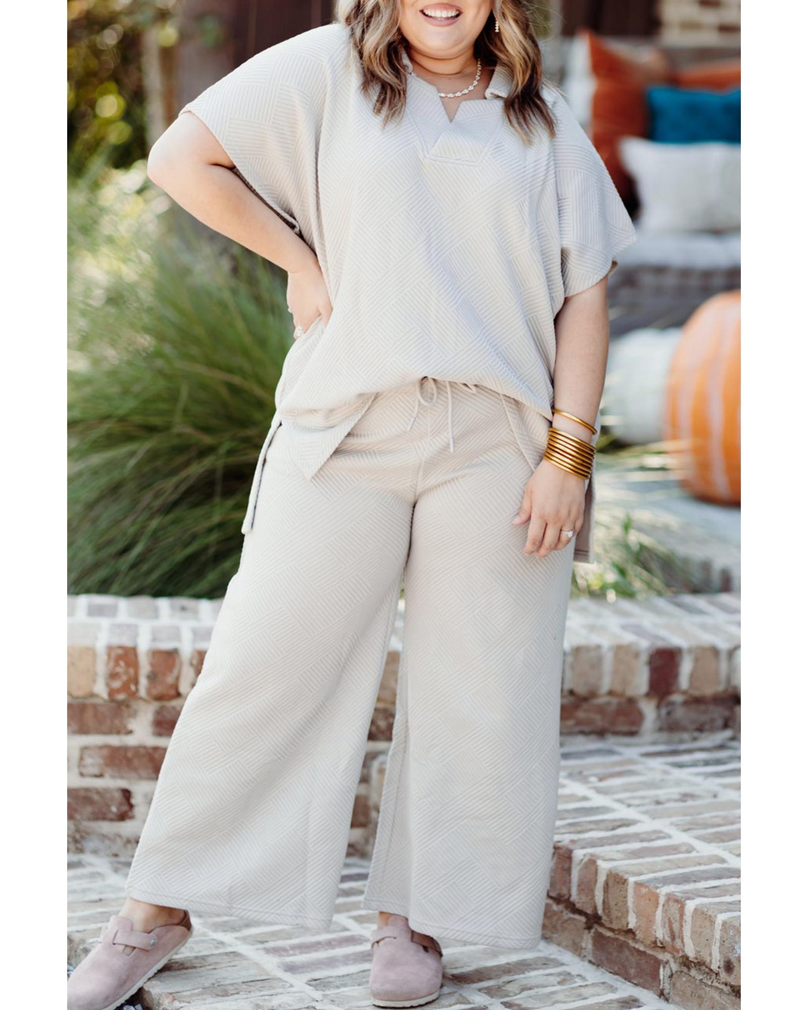 Beige Plus Size Textured Collared Top and Pants Set - 1X