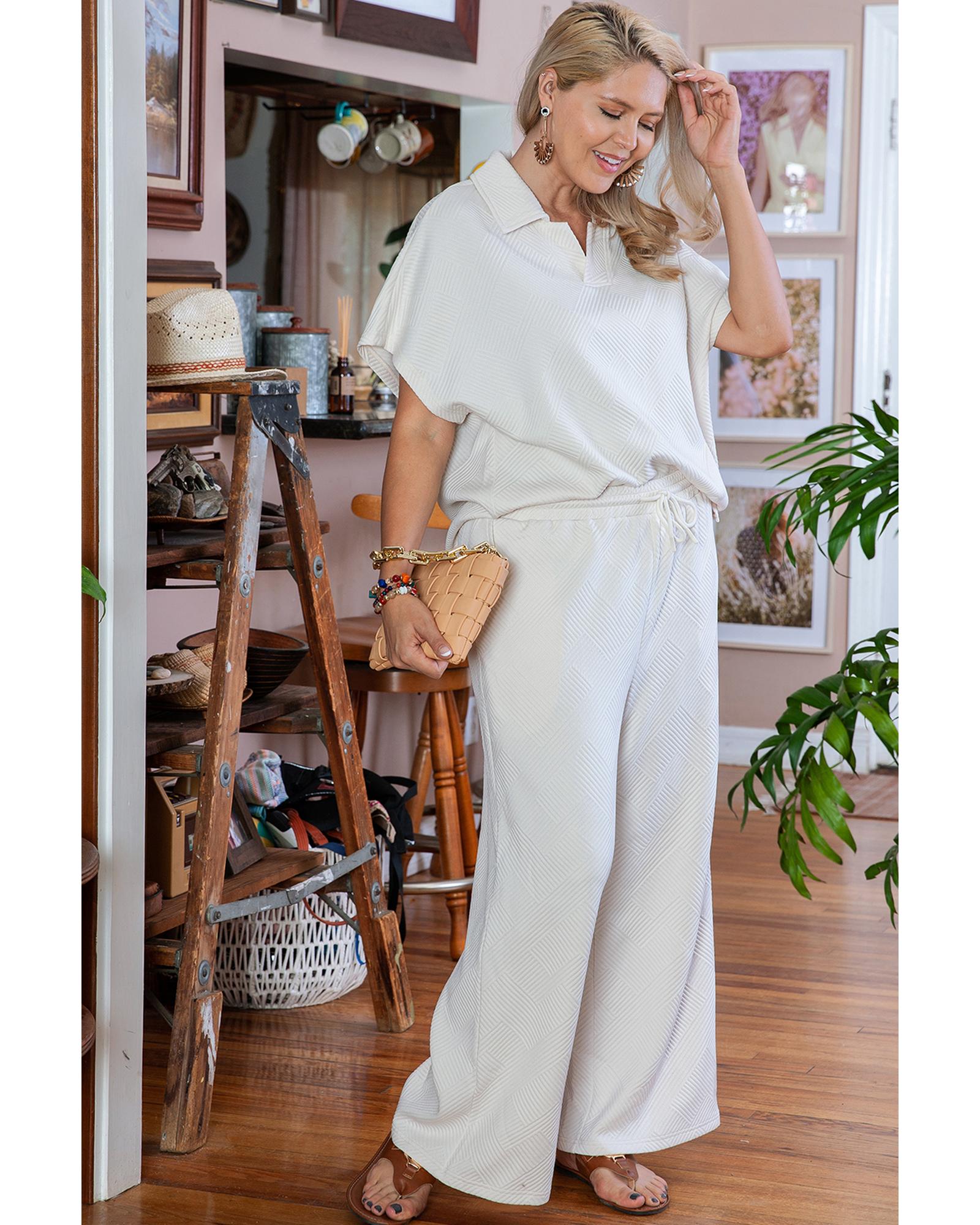 Beige Plus Size Textured Collared Top and Pants Set - 1X