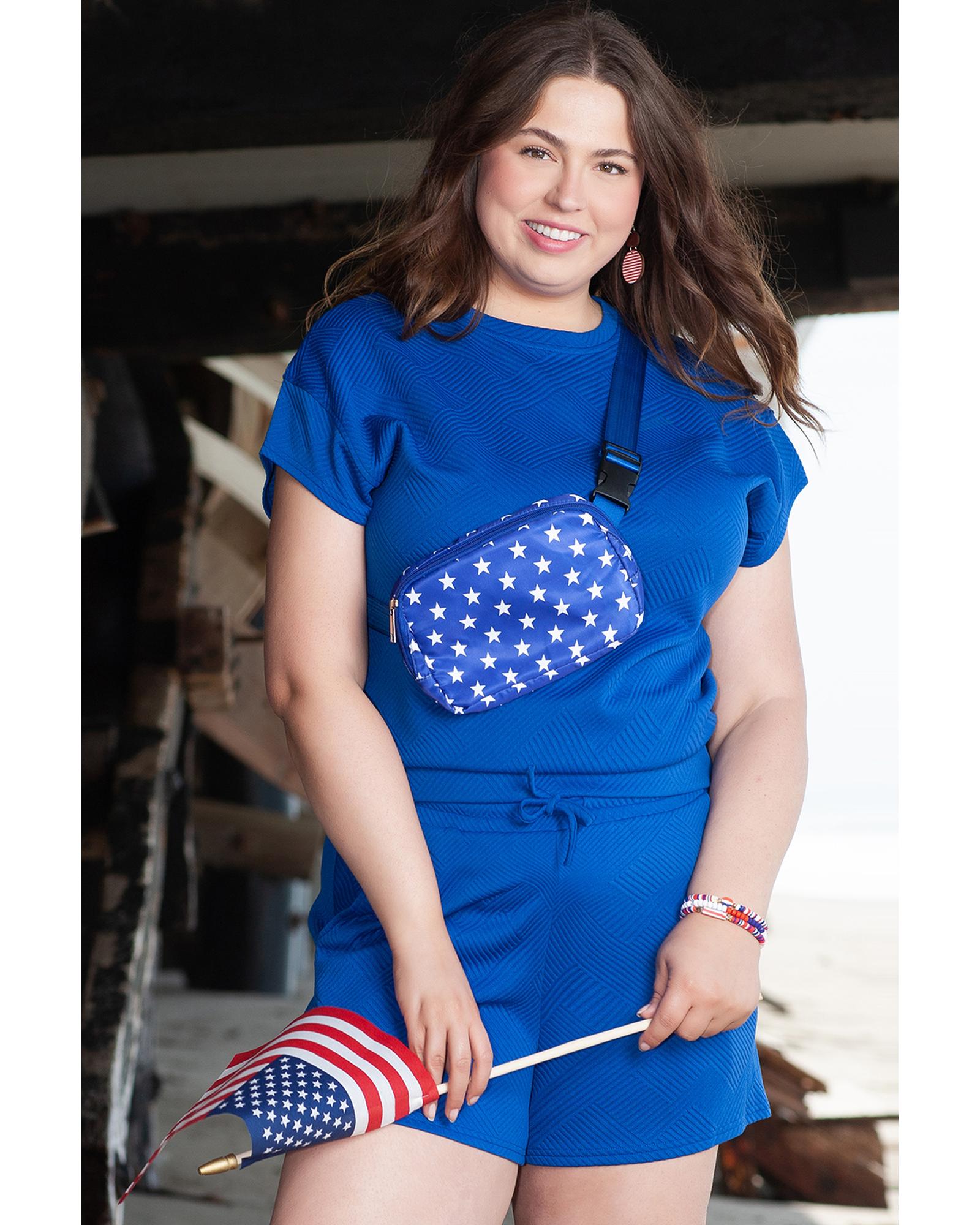 Dark Blue Plus Size Fashion Textured Short 2pcs Outfit - 2X