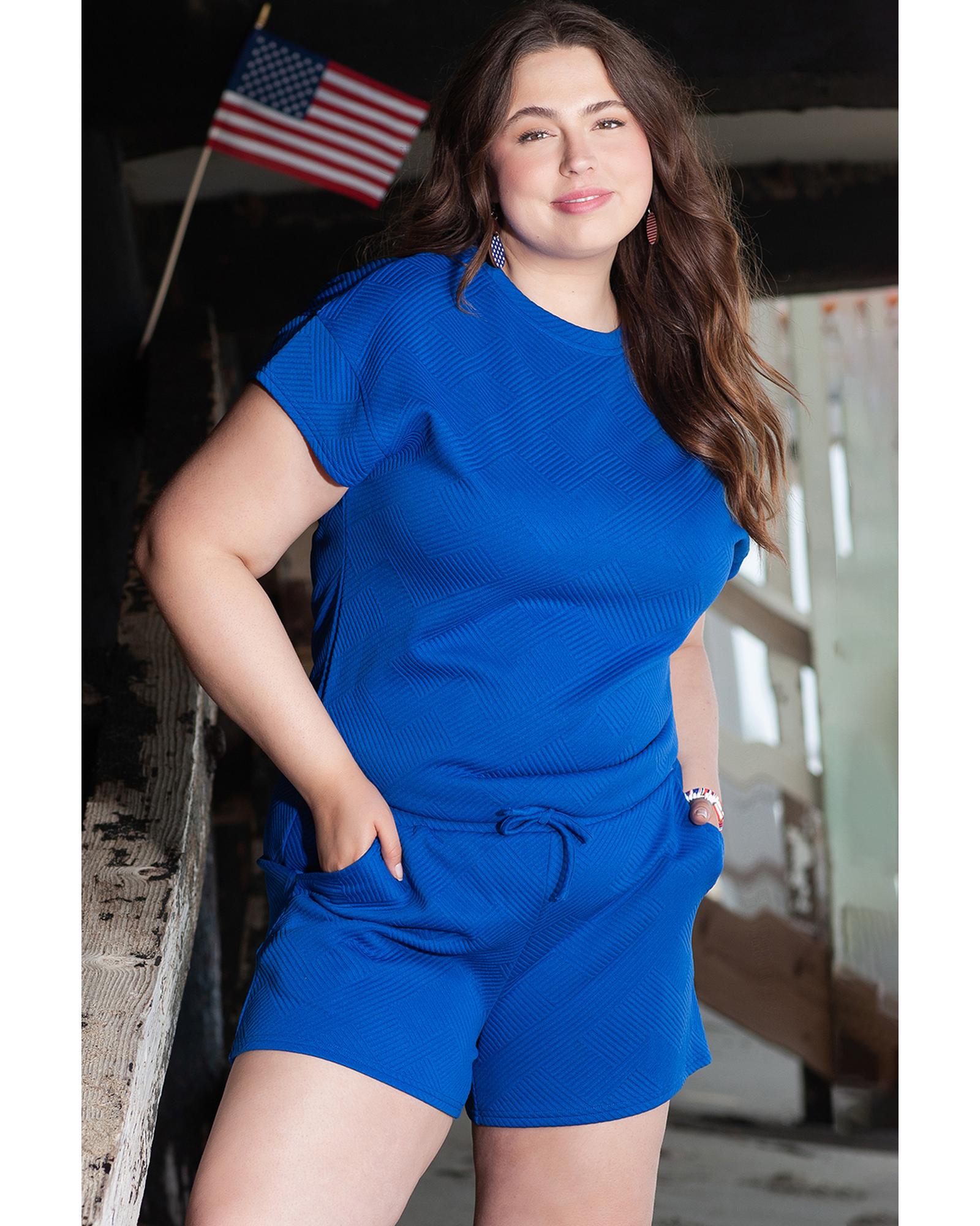 Dark Blue Plus Size Fashion Textured Short 2pcs Outfit - 3X