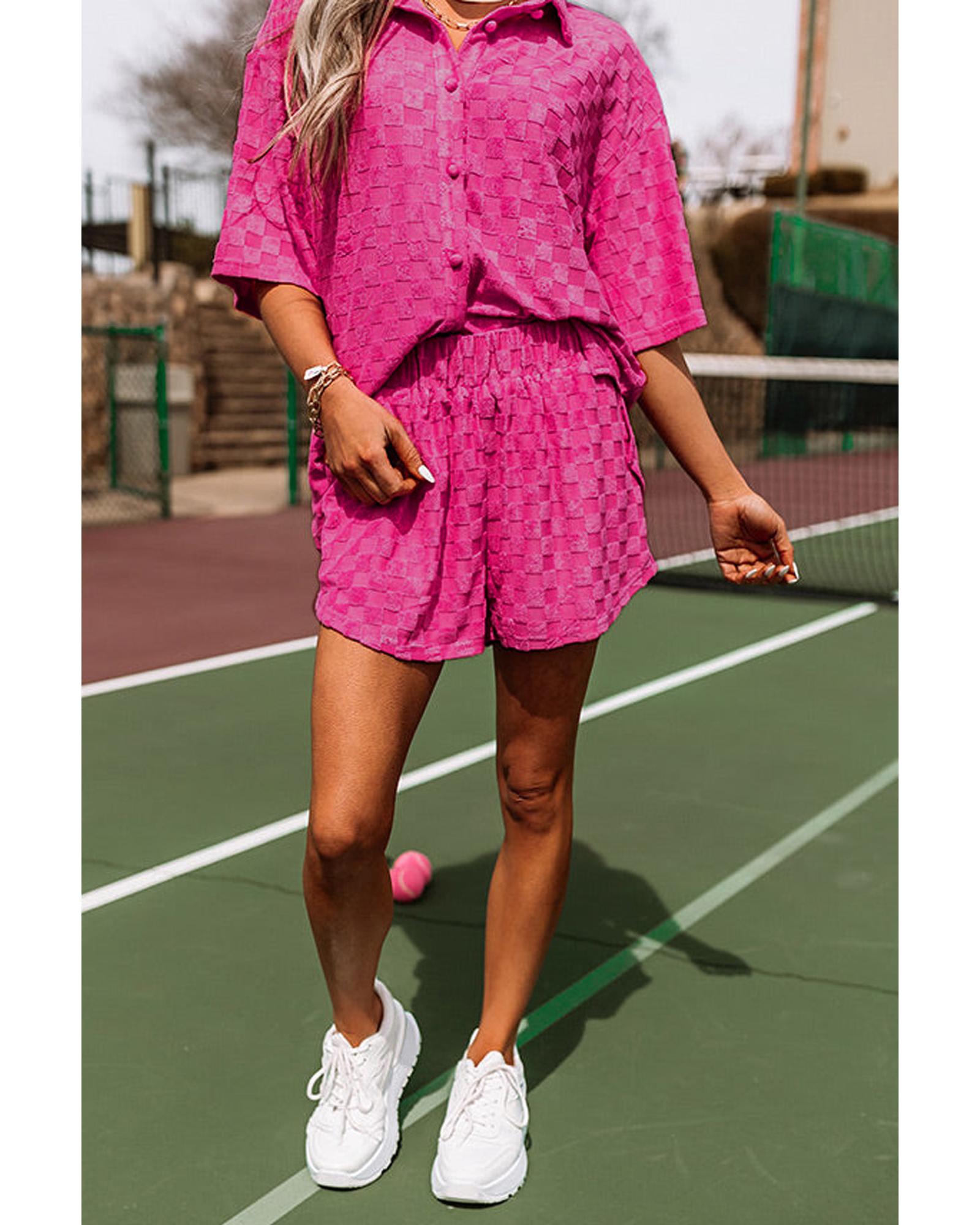 Peach Blossom Plus Size Checkered Terry Knit Short 2pcs Outfit - 3X
