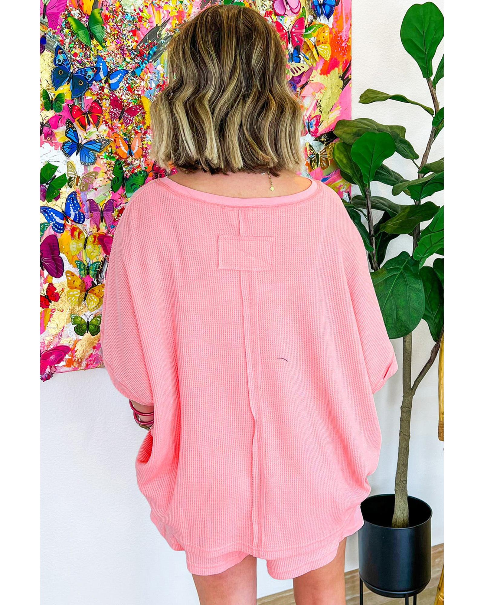 Pink Plus Size Ribbed Exposed Seam Tee and Shorts Set - 3X