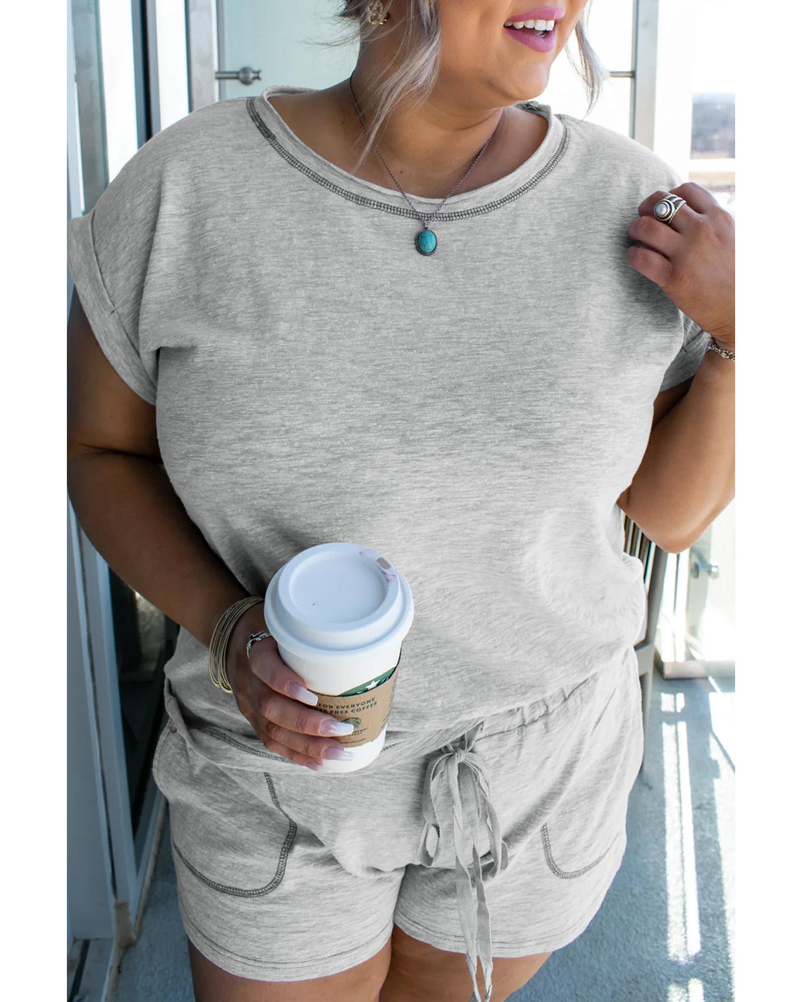 Gray Contrast Stitching Cuffed Sleeve Plus Shorts Set - 1X