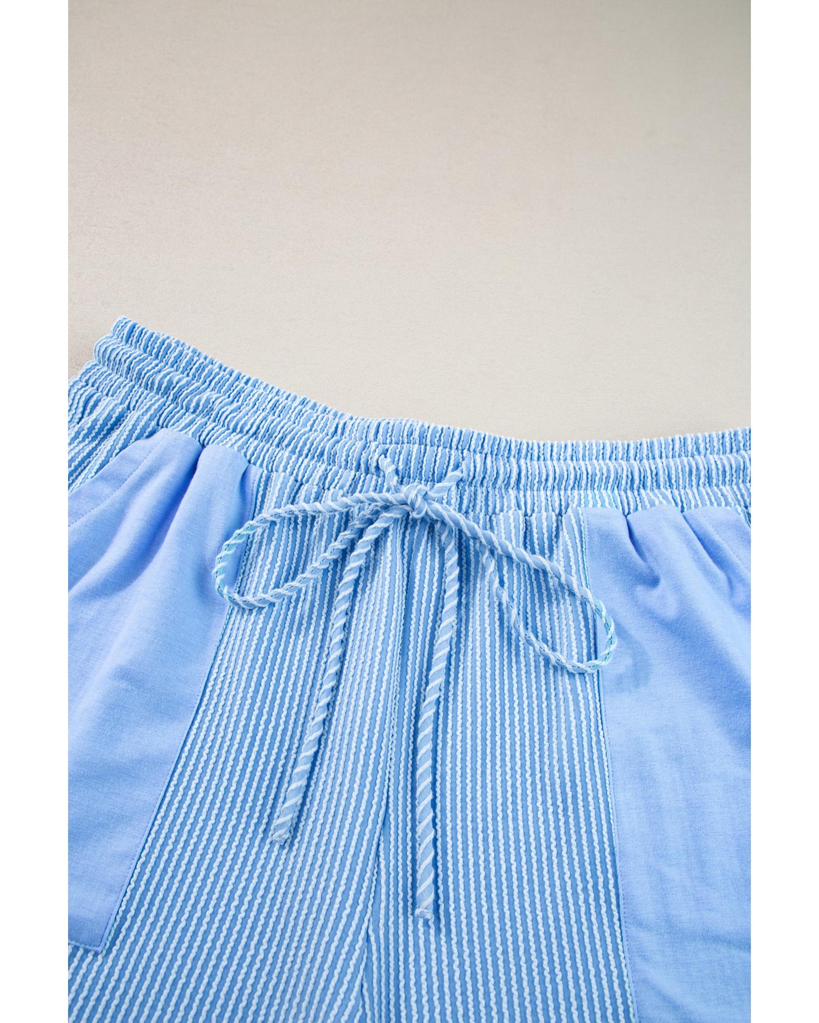 Light Blue Plus Size Ribbed Long Sleeve Top and Drawstring Shorts Set - 1X