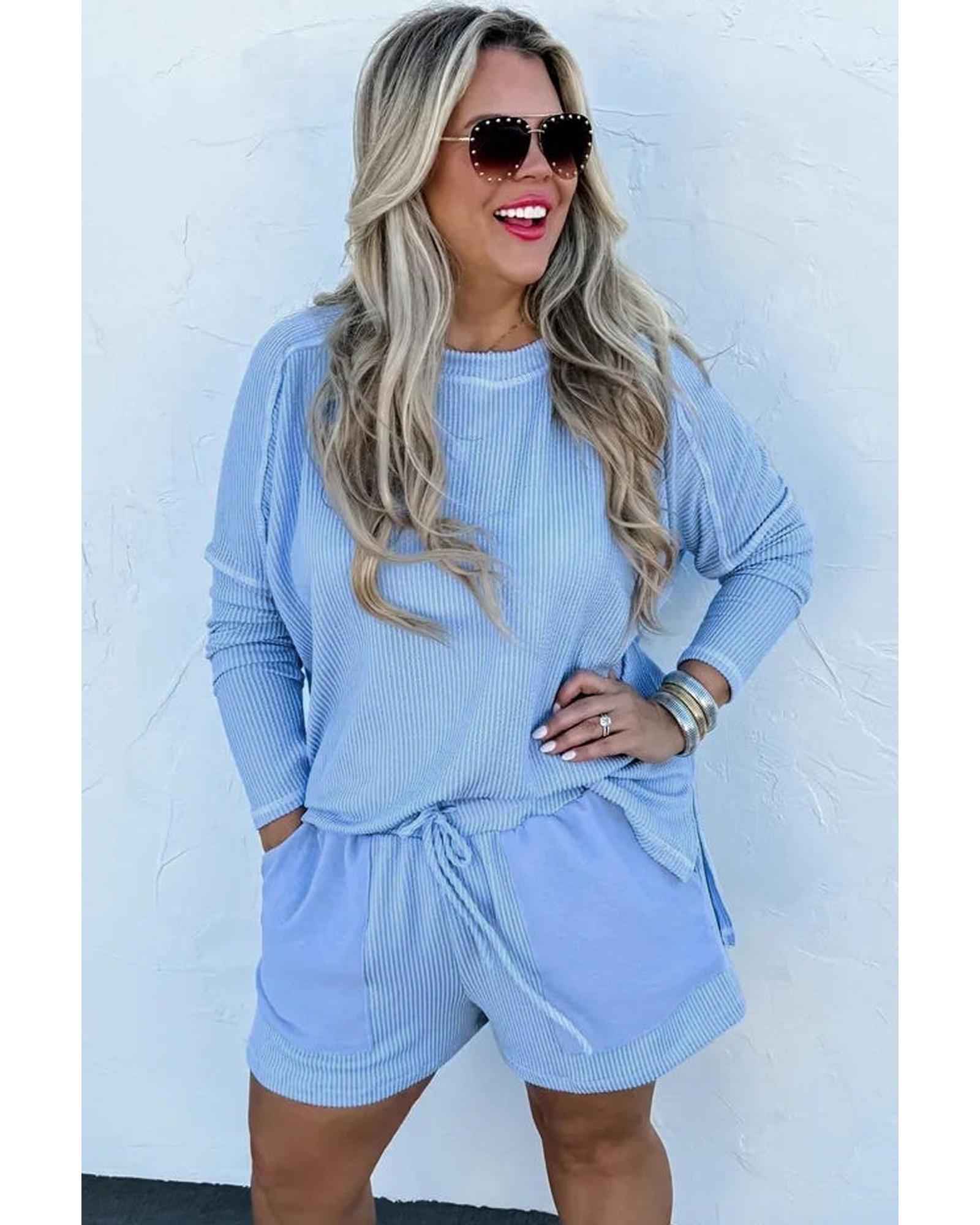 Light Blue Plus Size Ribbed Long Sleeve Top and Drawstring Shorts Set - 1X
